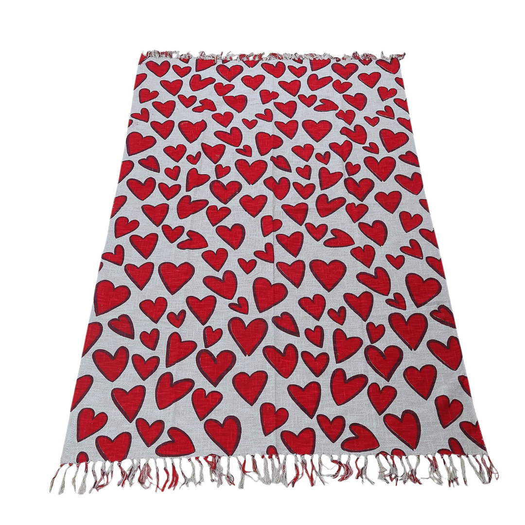 Red Heart Block Print Cotton Throw with Tassels| Perfect for Living Room and Bedroom Decor