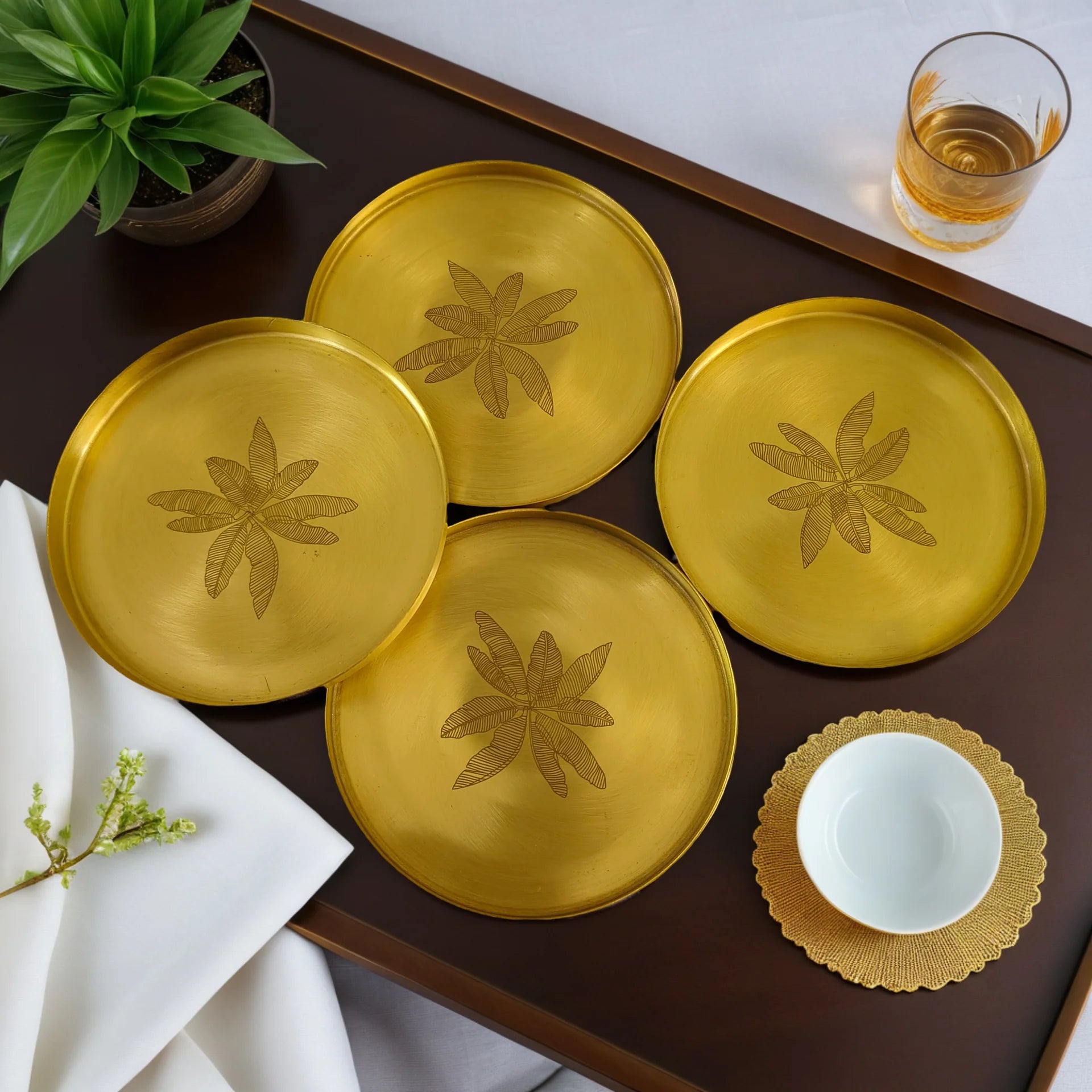 Eid Mubarak Handcrafted Floral Brass Coaster Gift Set (Set of 4) with Festive Packaging