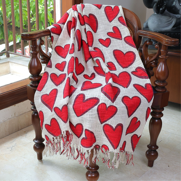 Red Heart Block Print Cotton Throw with Tassels| Perfect for Living Room and Bedroom Decor