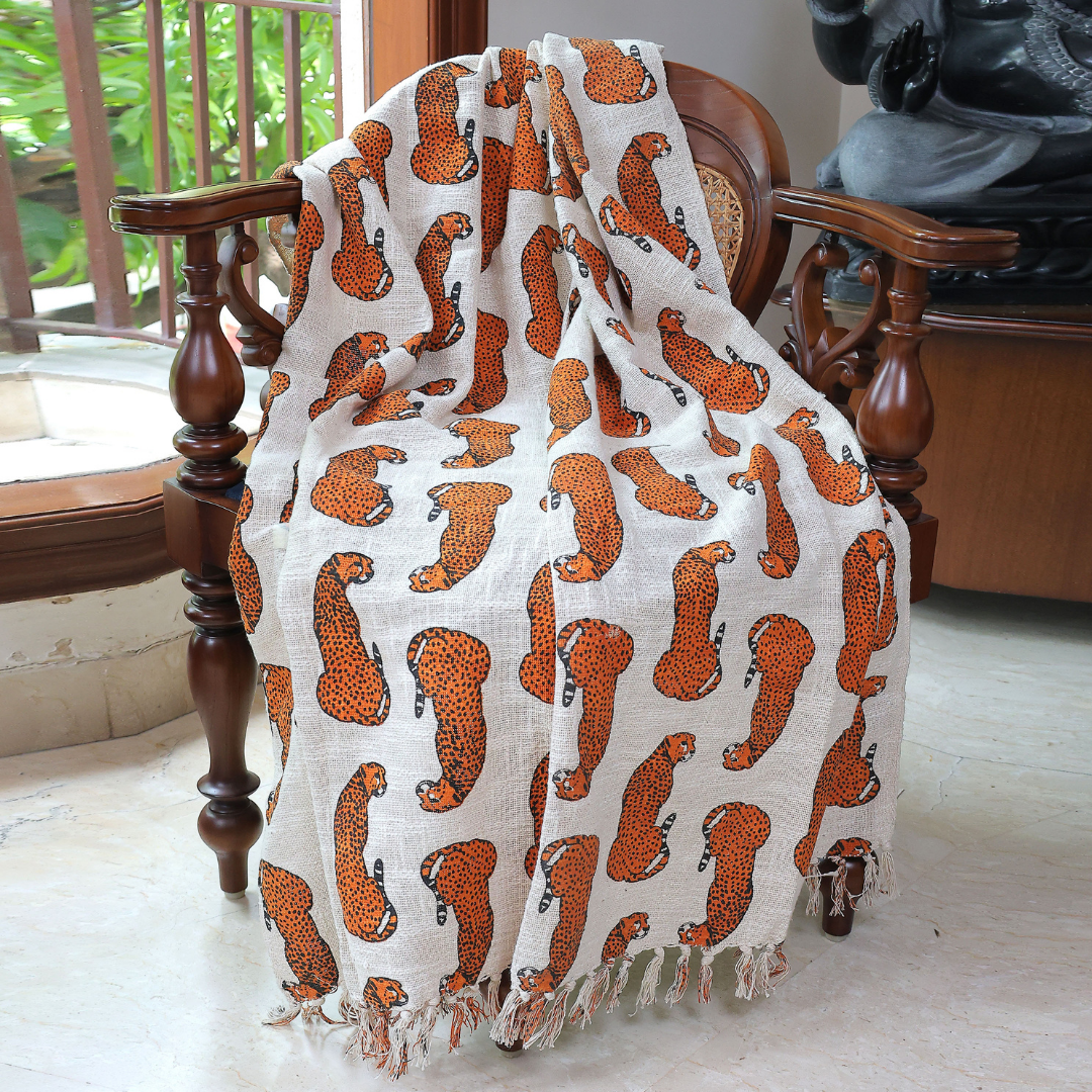 Wild Cheetah Block Print Cotton Throw  | Perfect for Living Room and Bedroom Decor