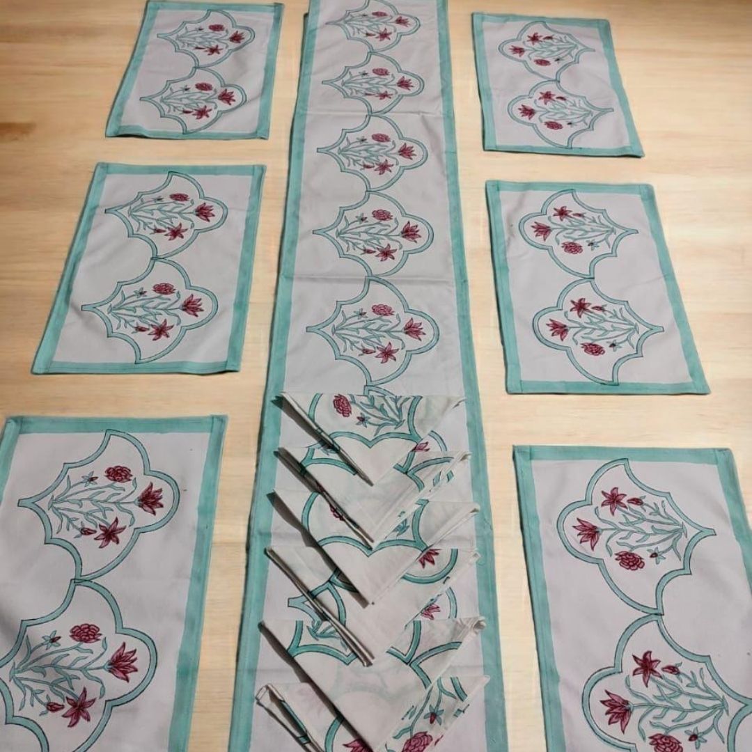 Block Printed Floral Cotton Dining Table Set – Soft & Elegant Table Linen
