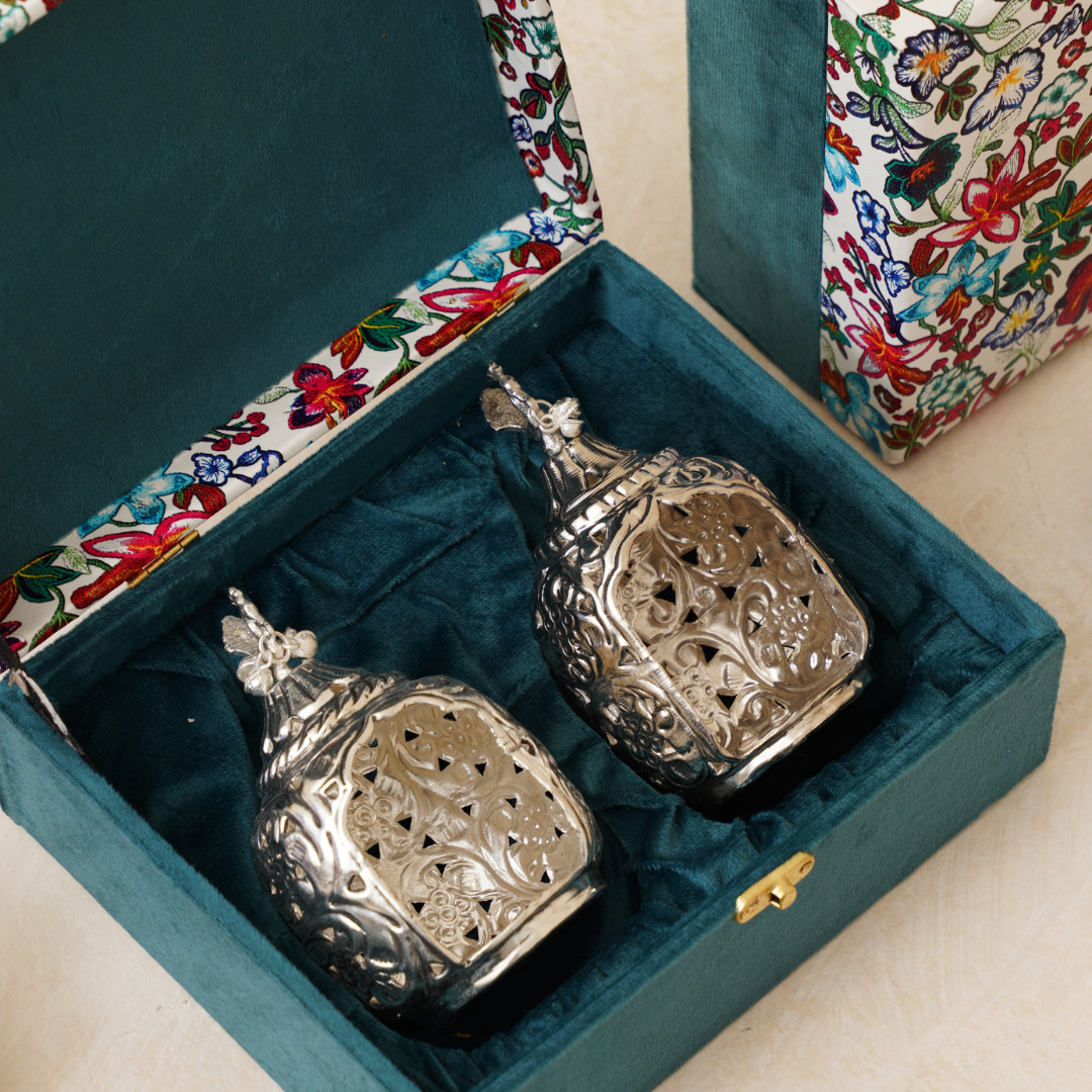 Silver Carving T-Light Holder Set of 2- Gift Box