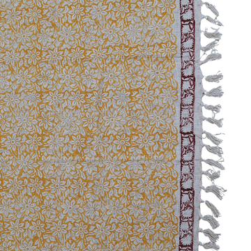 Mustard Floral Block Print Cotton Throw with Tassels | Perfect for Living Room and Bedroom Decor