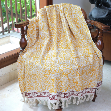 Mustard Floral Block Print Cotton Throw with Tassels | Perfect for Living Room and Bedroom Decor