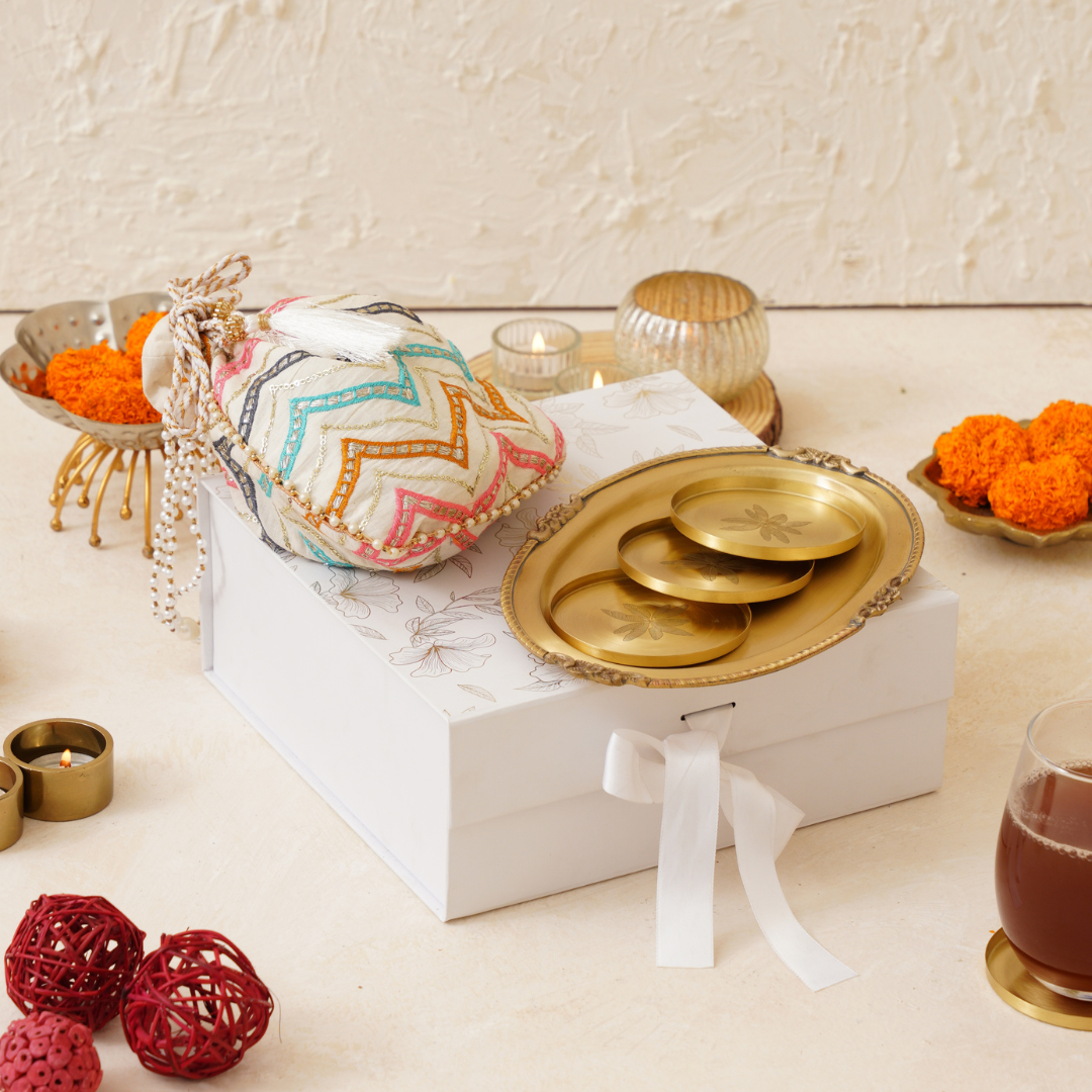 Diwali Gift Box – Handcrafted Brass Tray, Coasters & Potli Combo