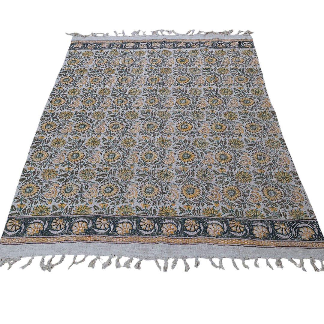 Sunflower Bloom Block Print Cotton Throw | Perfect for Living Room and Bedroom Decor