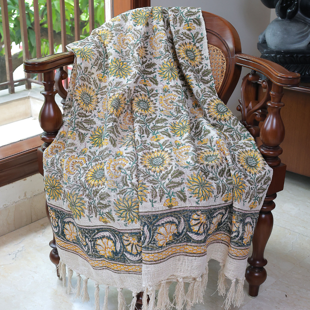 Sunflower Bloom Block Print Cotton Throw | Perfect for Living Room and Bedroom Decor