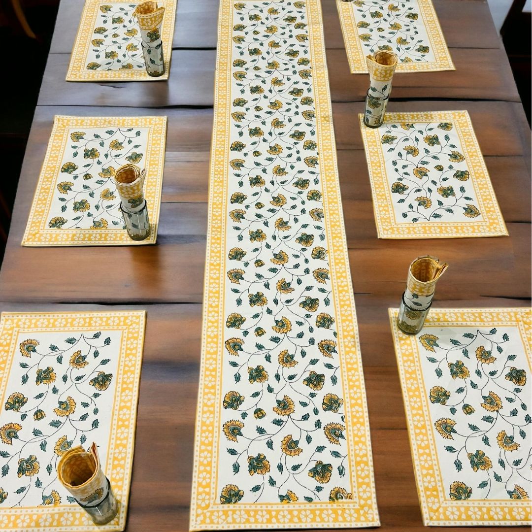 Block Printed Floral Cotton Dining Table Set – Soft & Elegant Table Linen
