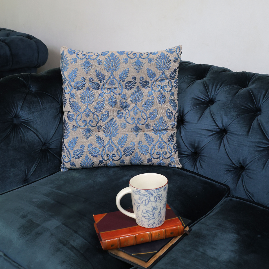 Elegant Blue Leaf Brocade Cushion – Luxe Decorative Sofa Pillow
