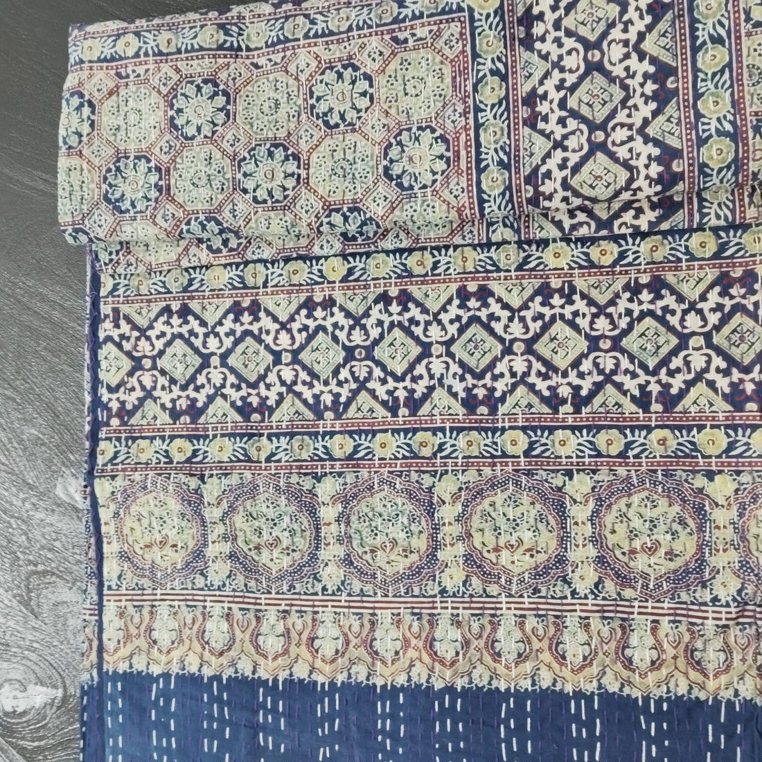 Ajrakh with Kantha Bedcover | Artisan-Made 100% Cotton Bedspread