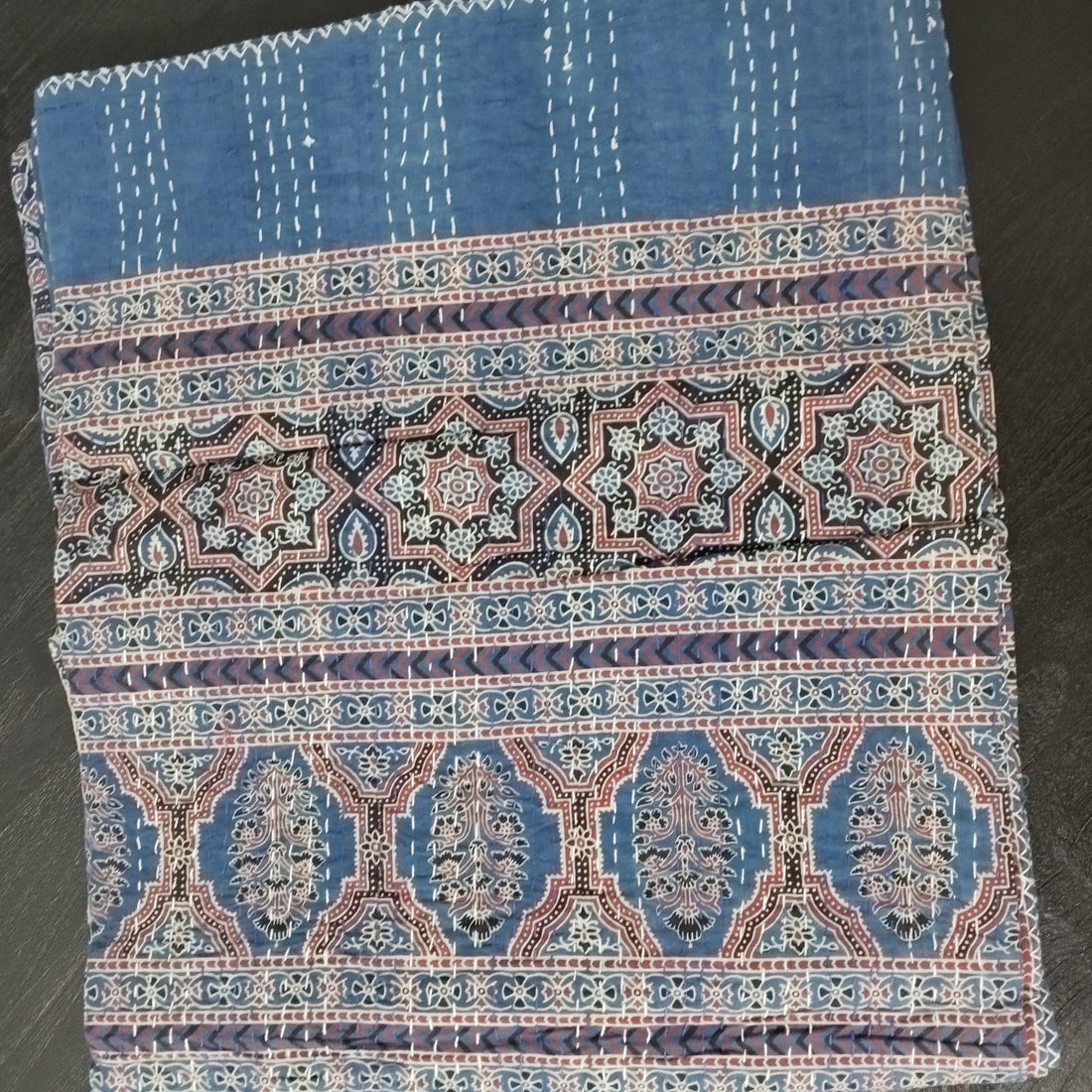 Ajrakh with Kantha Bedcover | Artisan-Made 100% Cotton Bedspread
