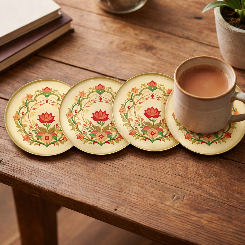 Embossed Brass Coaster | Elegant Drink Coasters for Home & Dining Decor ( Set of 4)