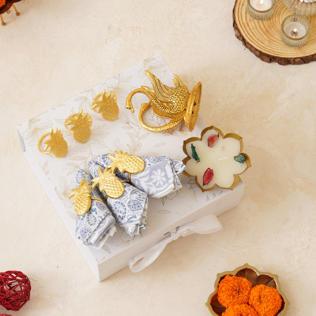 Festive Table Gift Set – Napkin Set with Metal Diya