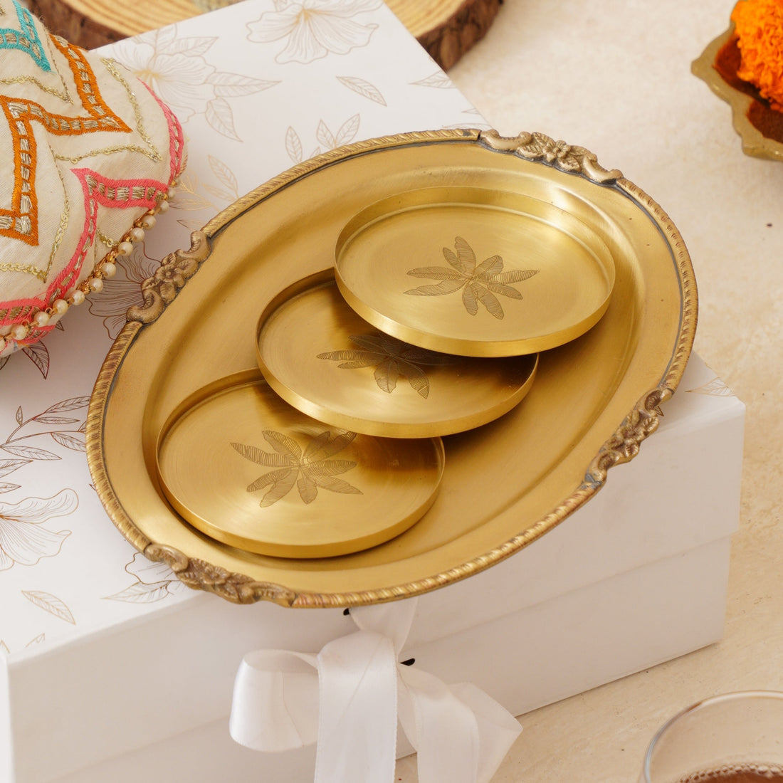 Diwali Gift Box – Handcrafted Brass Tray, Coasters & Potli Combo