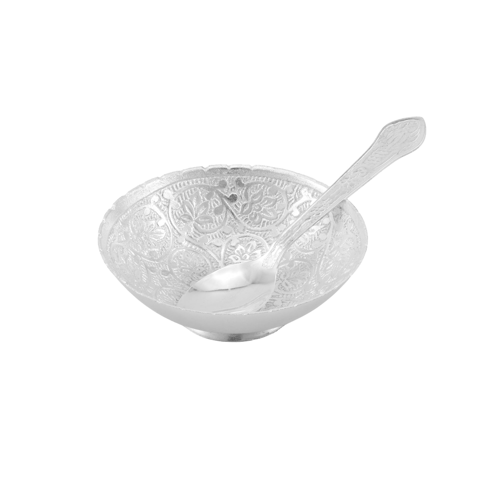 Decorative Silver Plated Bowl with Spoon & Gift Box | Traditional Indian Gift Set