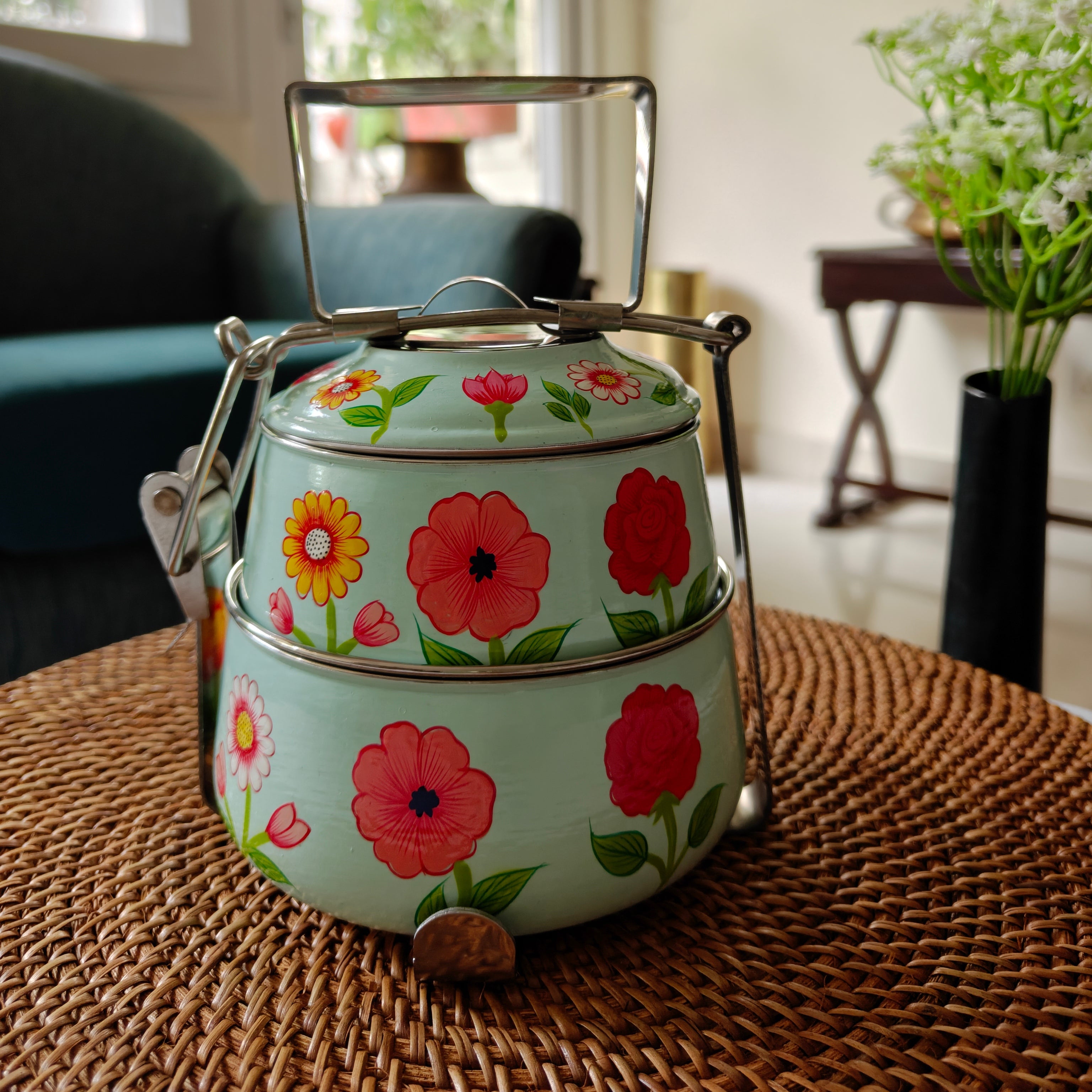 Ethnic Hand Painted Steel Lunch Box – 2 Tier, Sustainable & Reusable
