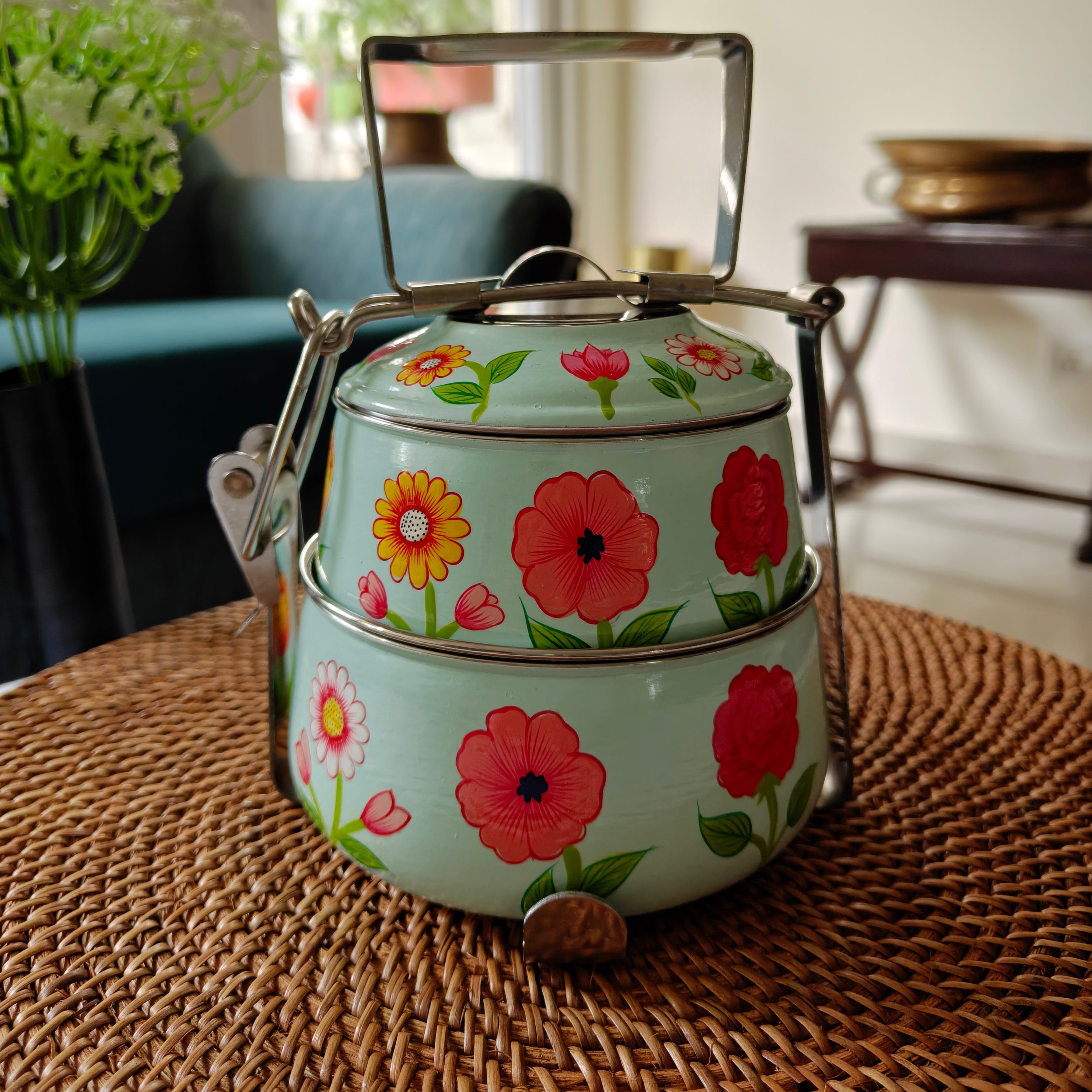 Ethnic Hand Painted Steel Lunch Box – 2 Tier, Sustainable & Reusable