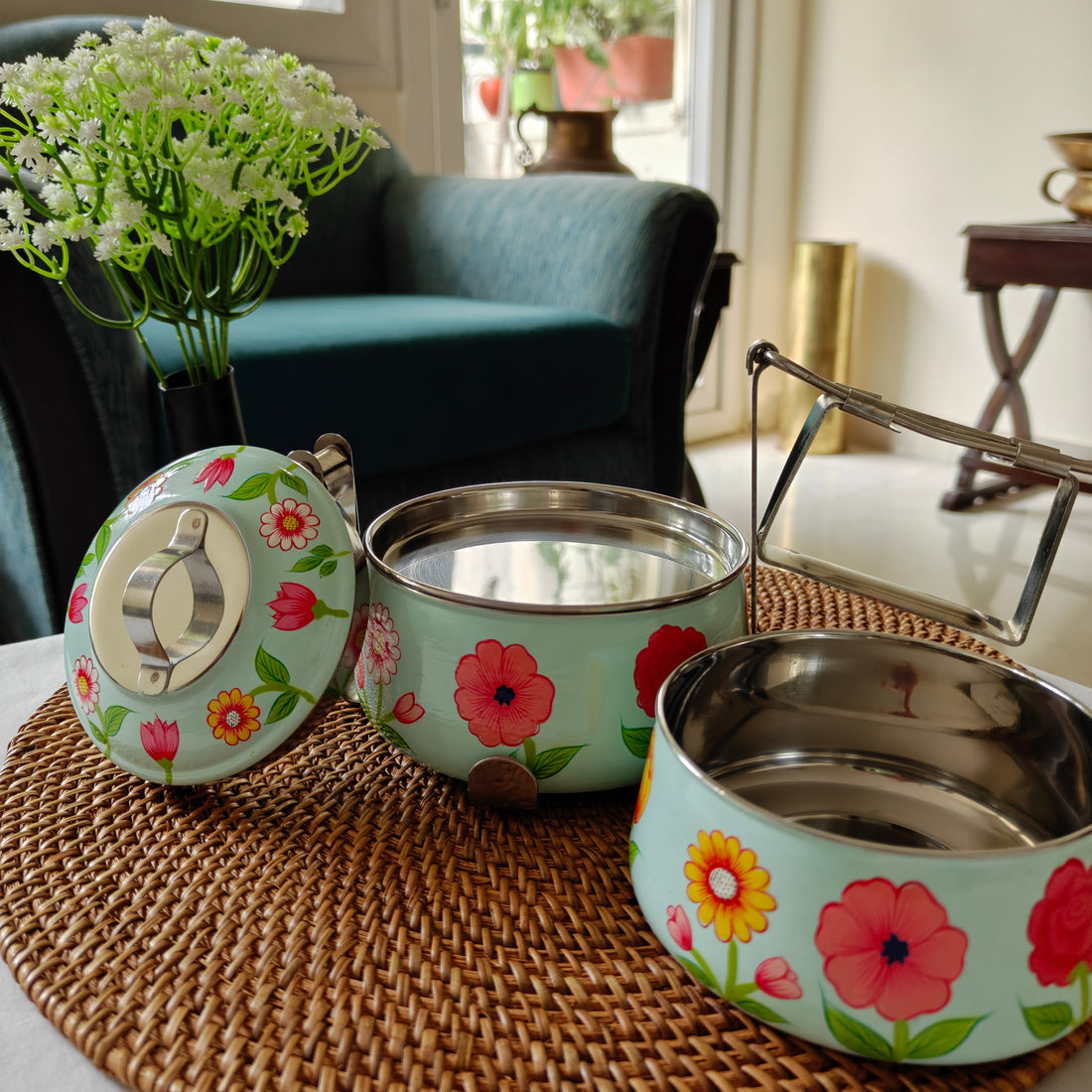 Ethnic Hand Painted Steel Lunch Box – 2 Tier, Sustainable & Reusable