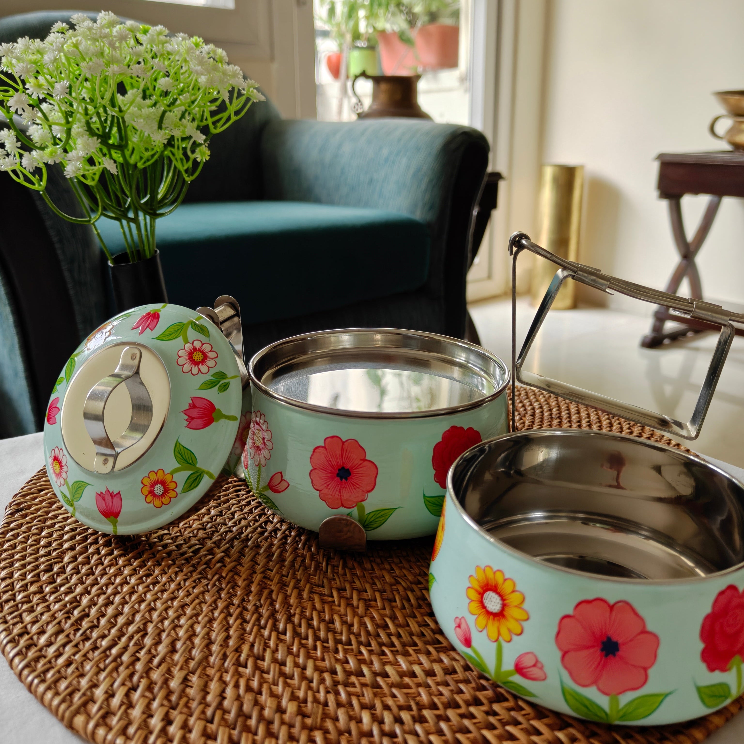 Ethnic Hand Painted Steel Lunch Box – 2 Tier, Sustainable & Reusable