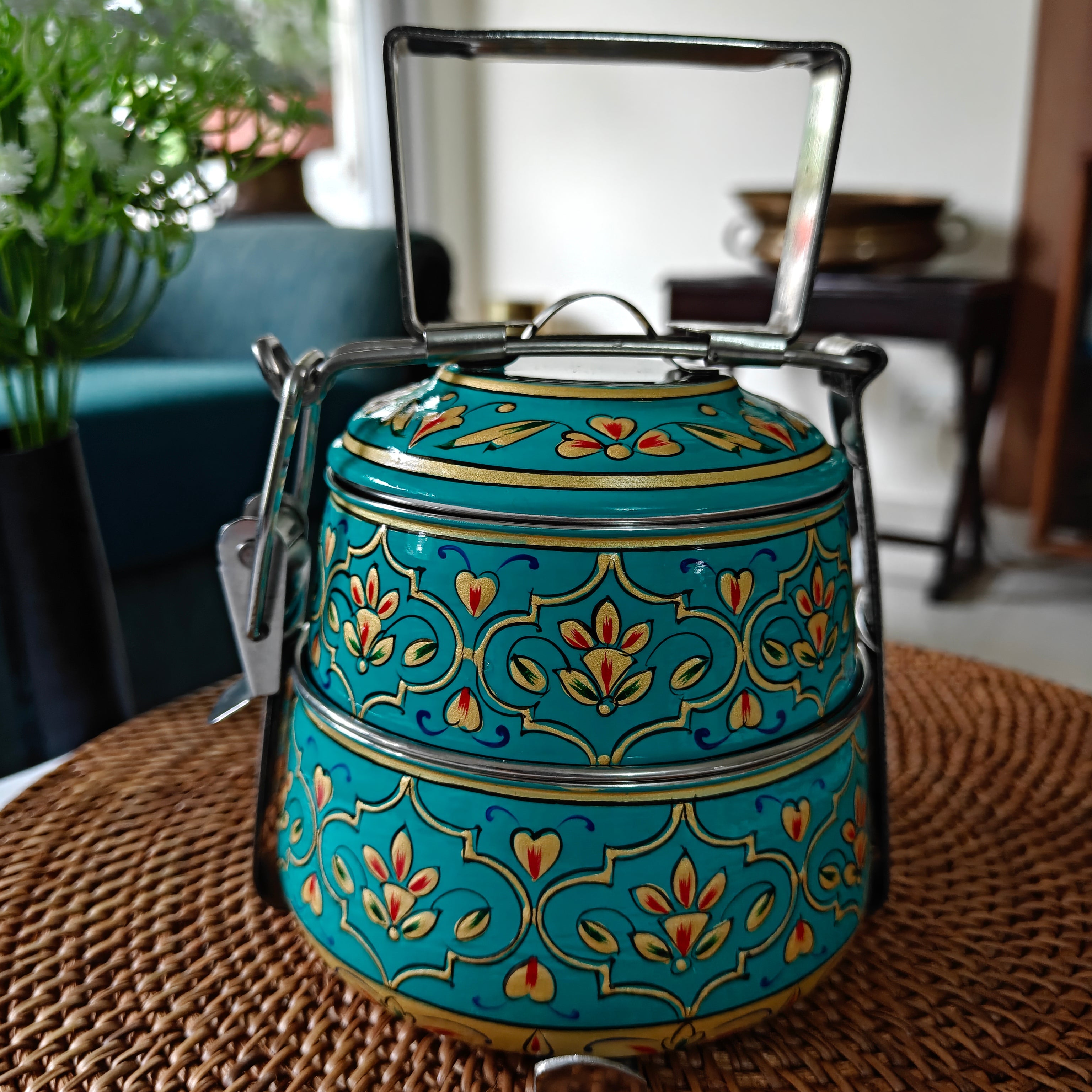 Ethnic Hand Painted Steel Lunch Box – 2 Tier, Sustainable & Reusable