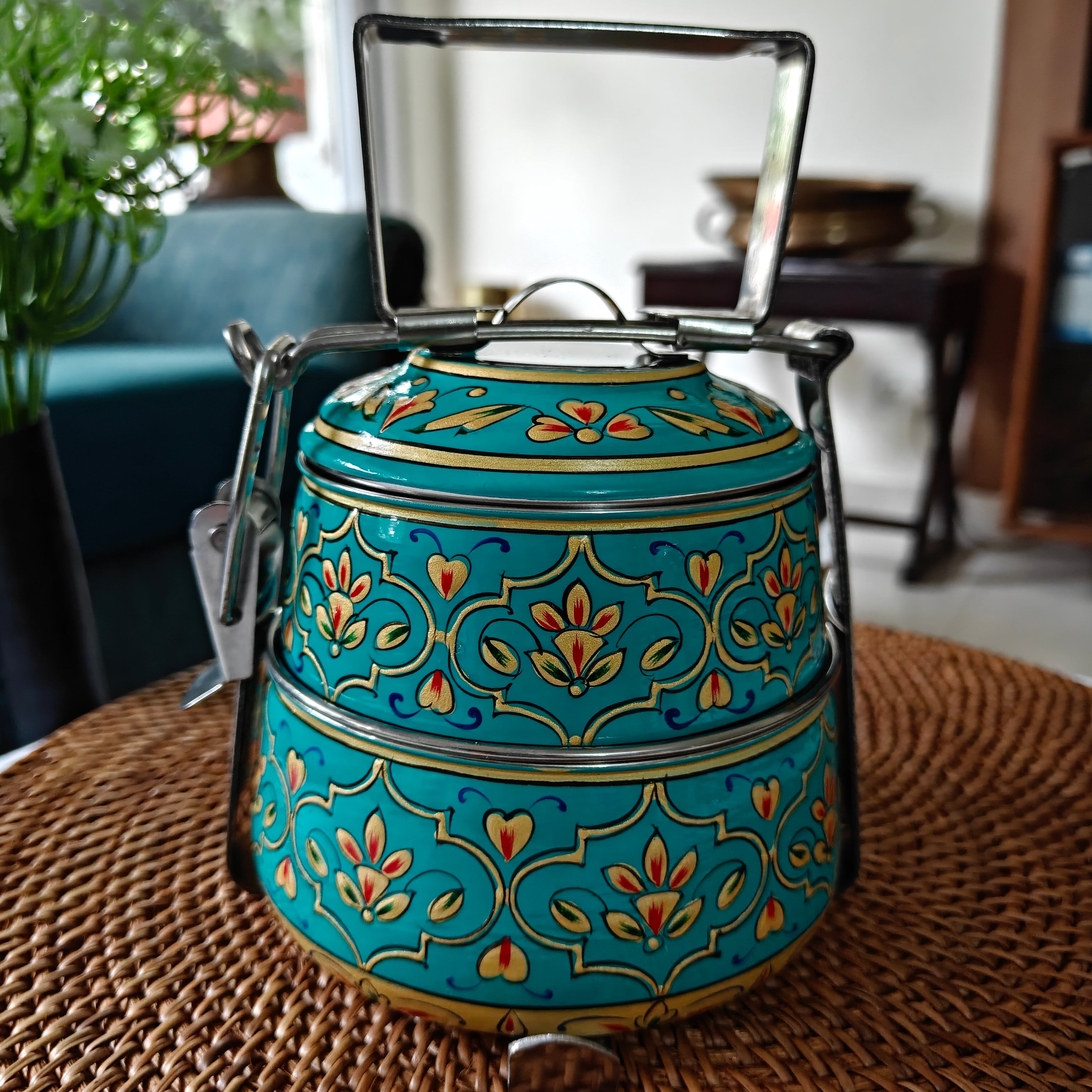 Ethnic Hand Painted Steel Lunch Box – 2 Tier, Sustainable & Reusable