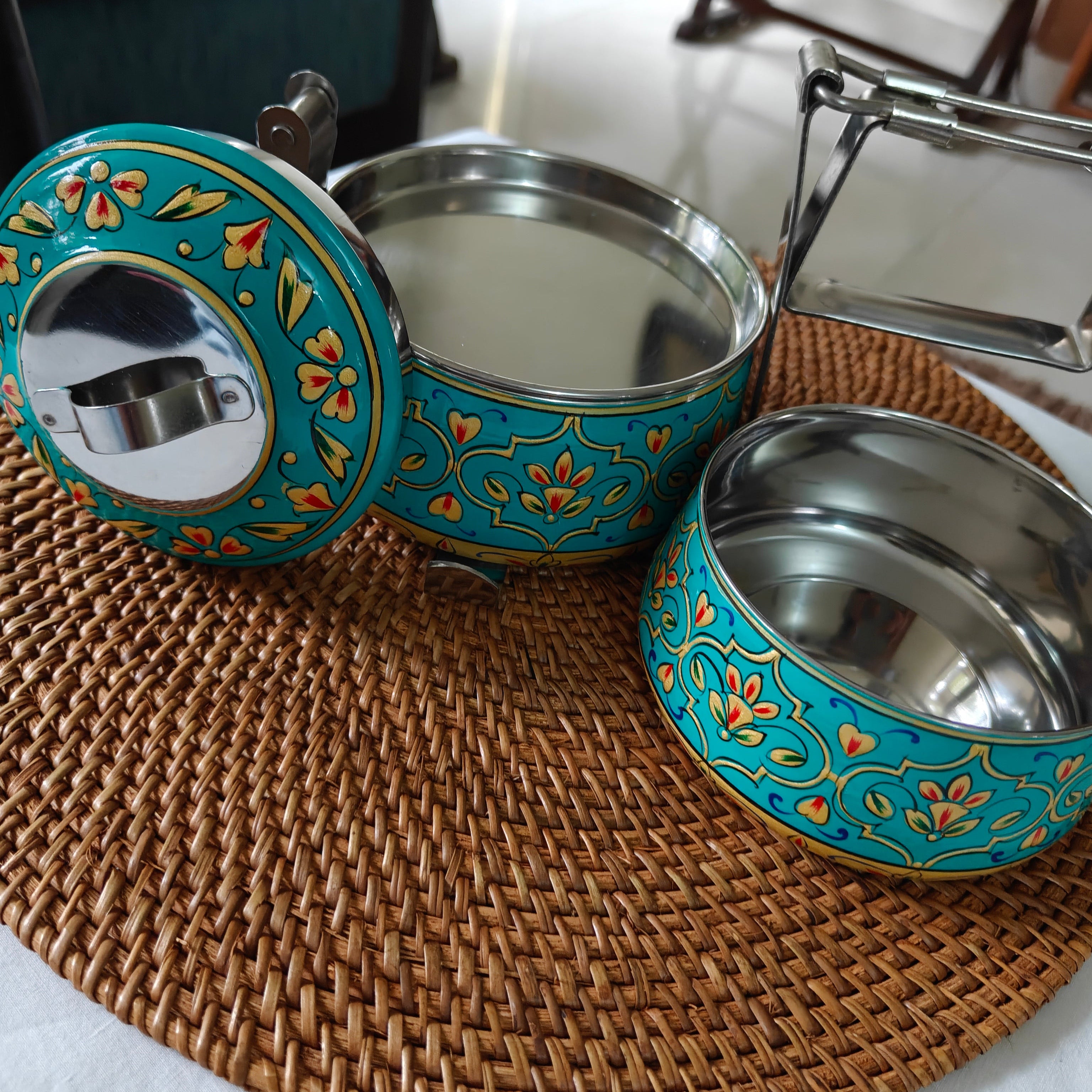 Ethnic Hand Painted Steel Lunch Box – 2 Tier, Sustainable & Reusable