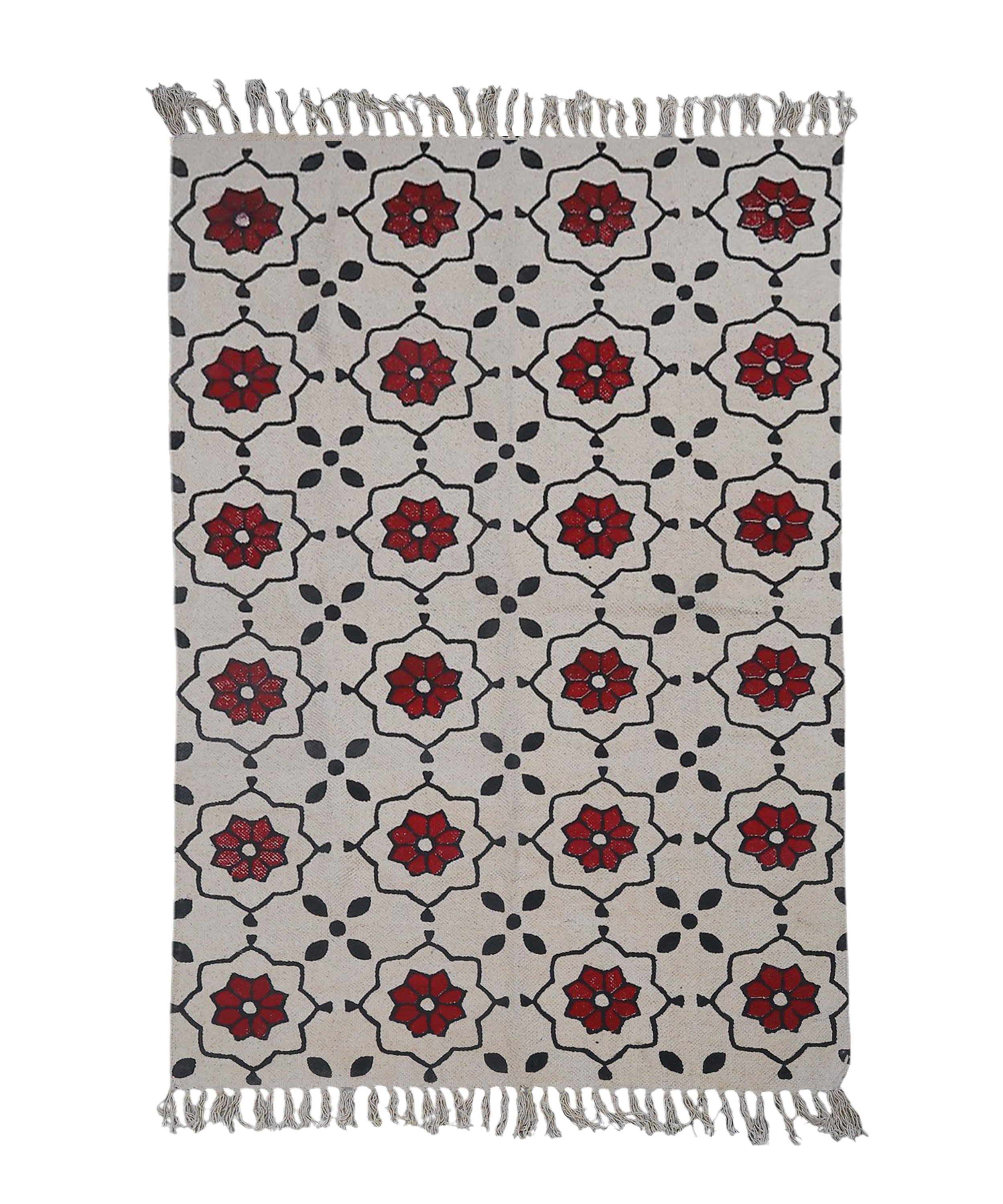 Handwoven Beige Cotton Rug with Bold Red Floral Motif and Black Accents – Boho Style Floor Decor