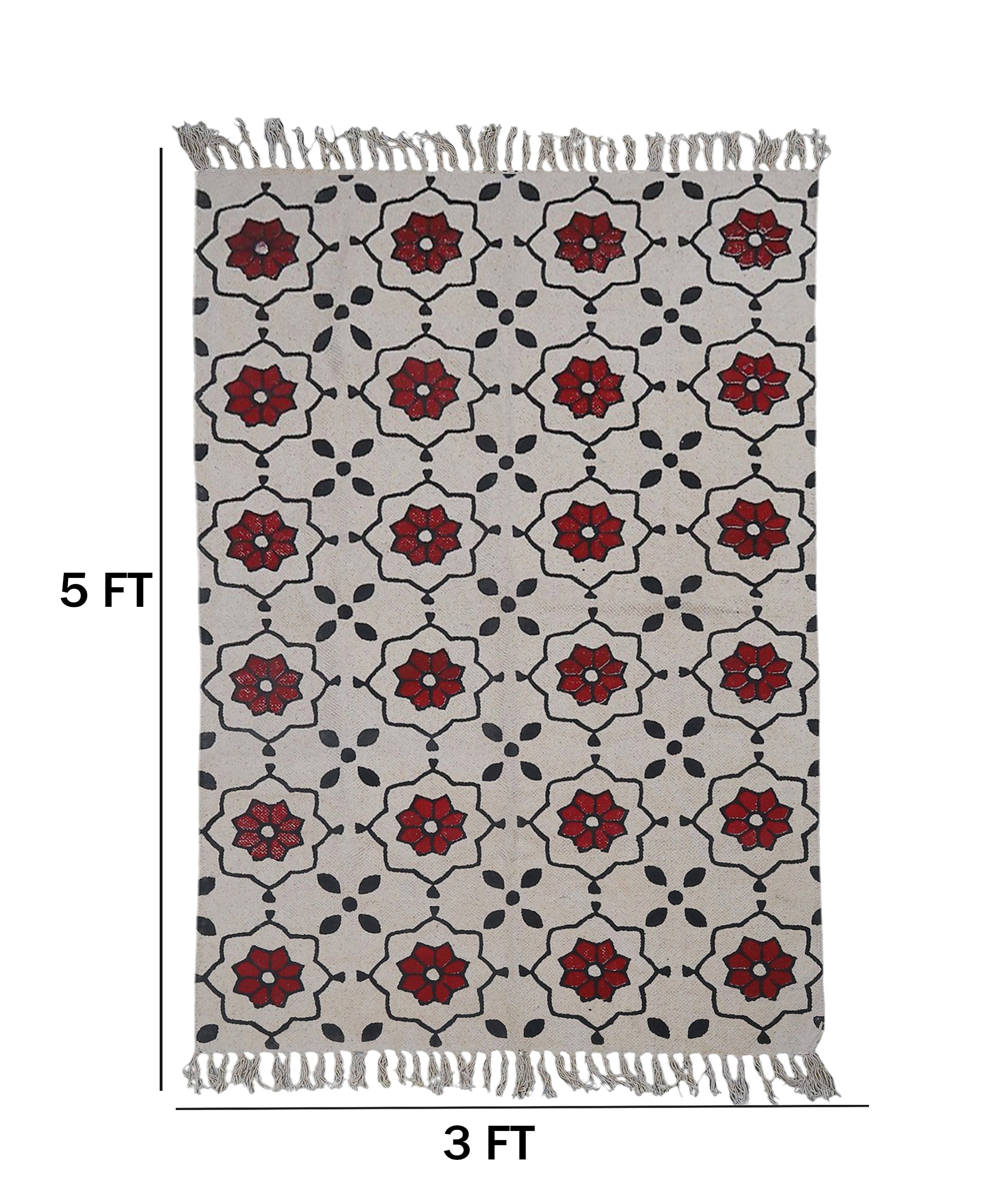 Handwoven Beige Cotton Rug with Bold Red Floral Motif and Black Accents – Boho Style Floor Decor