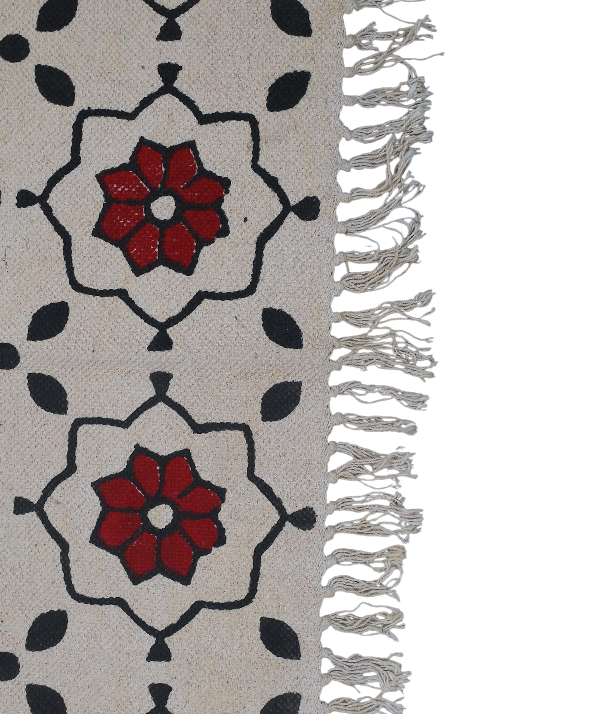 Handwoven Beige Cotton Rug with Bold Red Floral Motif and Black Accents – Boho Style Floor Decor