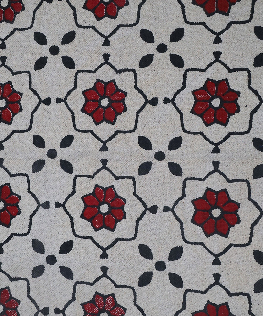 Handwoven Beige Cotton Rug with Bold Red Floral Motif and Black Accents – Boho Style Floor Decor