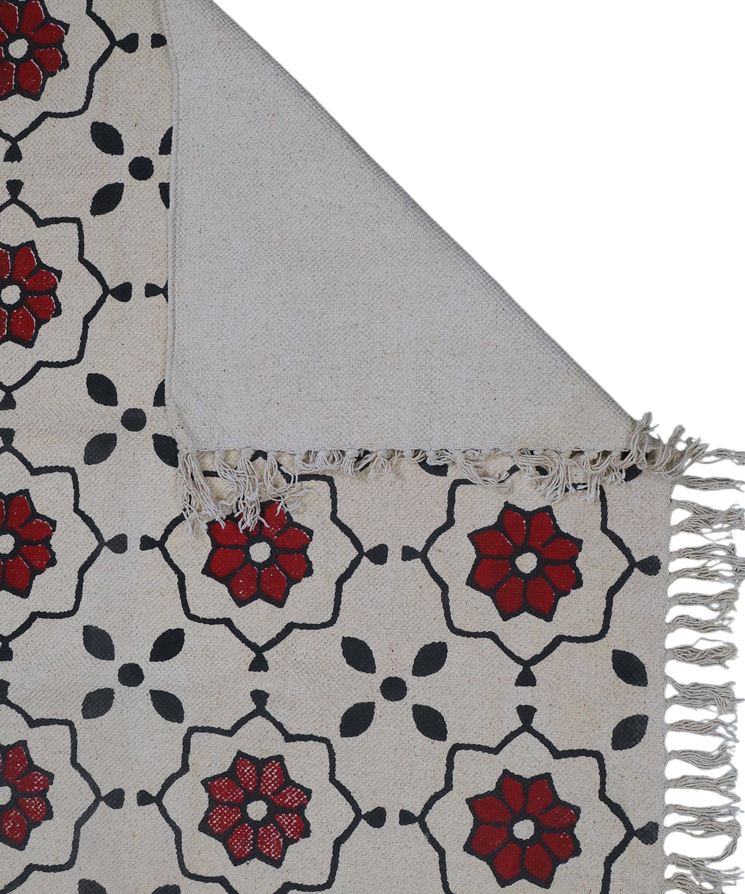 Handwoven Beige Cotton Rug with Bold Red Floral Motif and Black Accents – Boho Style Floor Decor