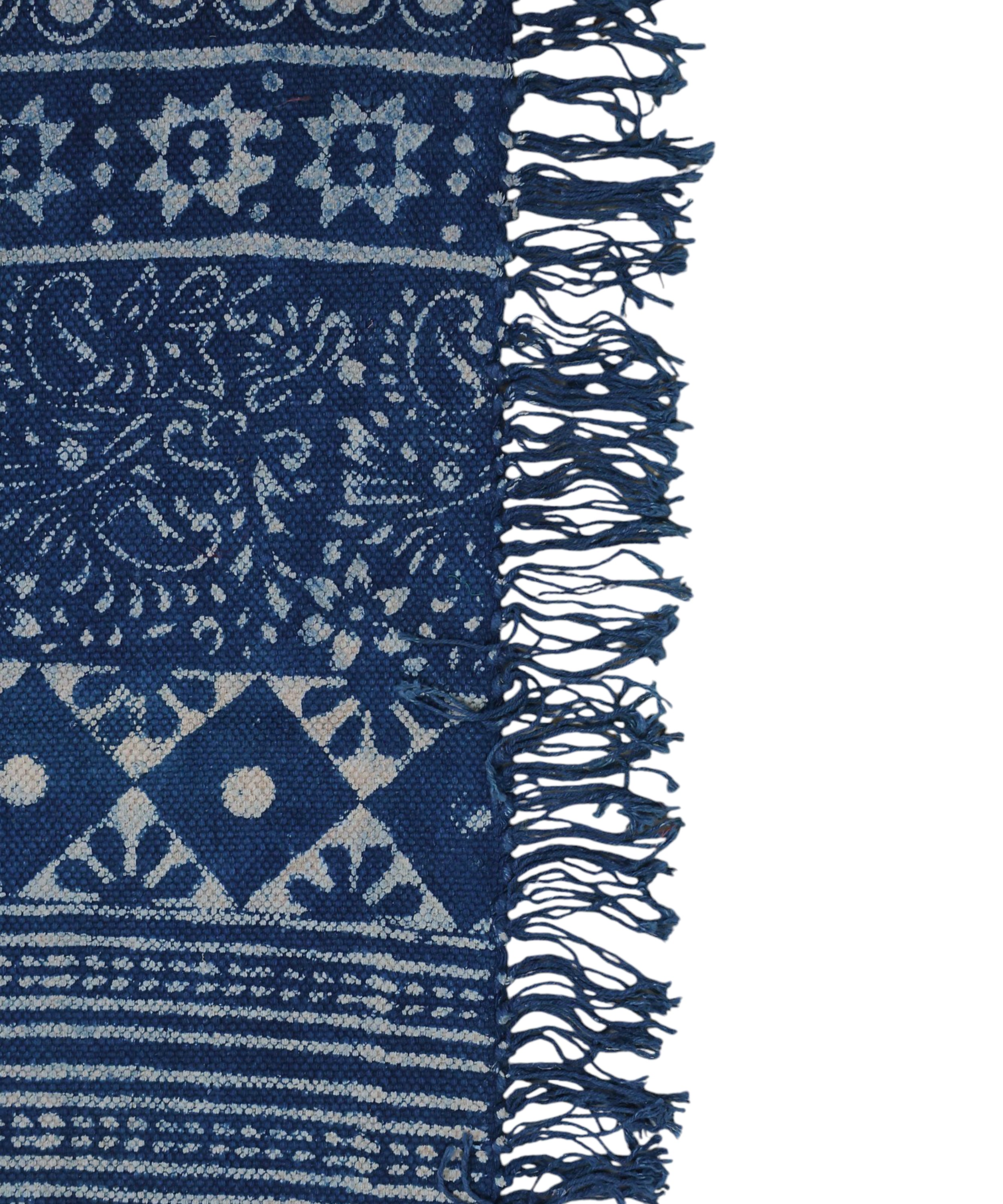 Decorative Handloom Blue Cotton Rug with Ethnic Pattern | Handwoven Area Rug for Living Room & Home Decor