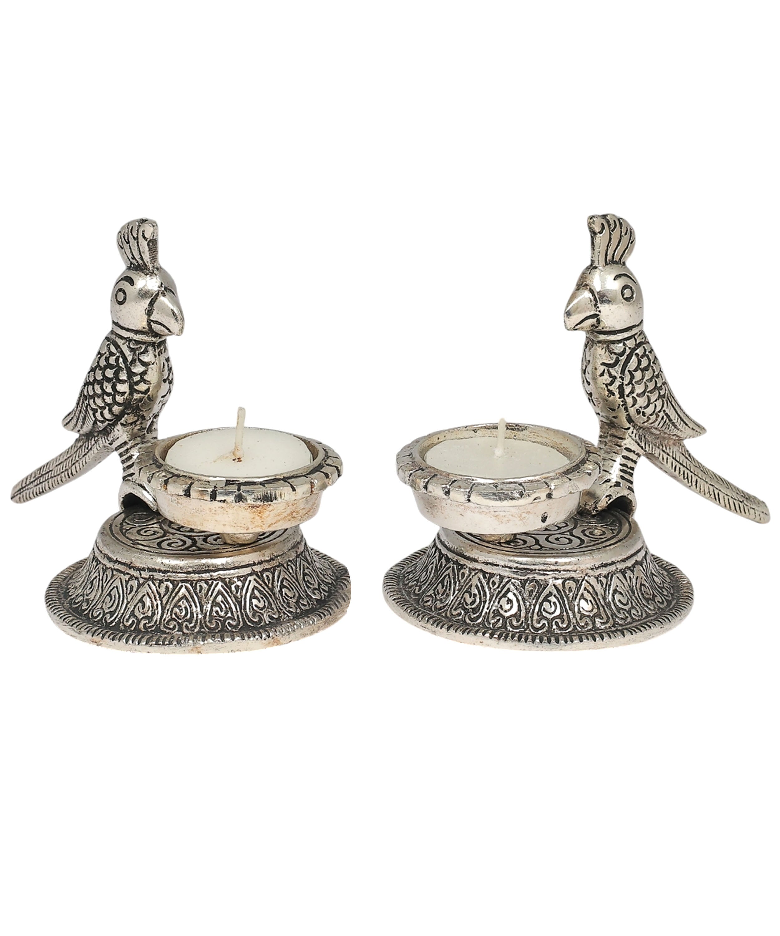 Silver Parrot Tealight Holders | Handcrafted Decorative Candle Holders for Home & Festive Decor | Set of 2