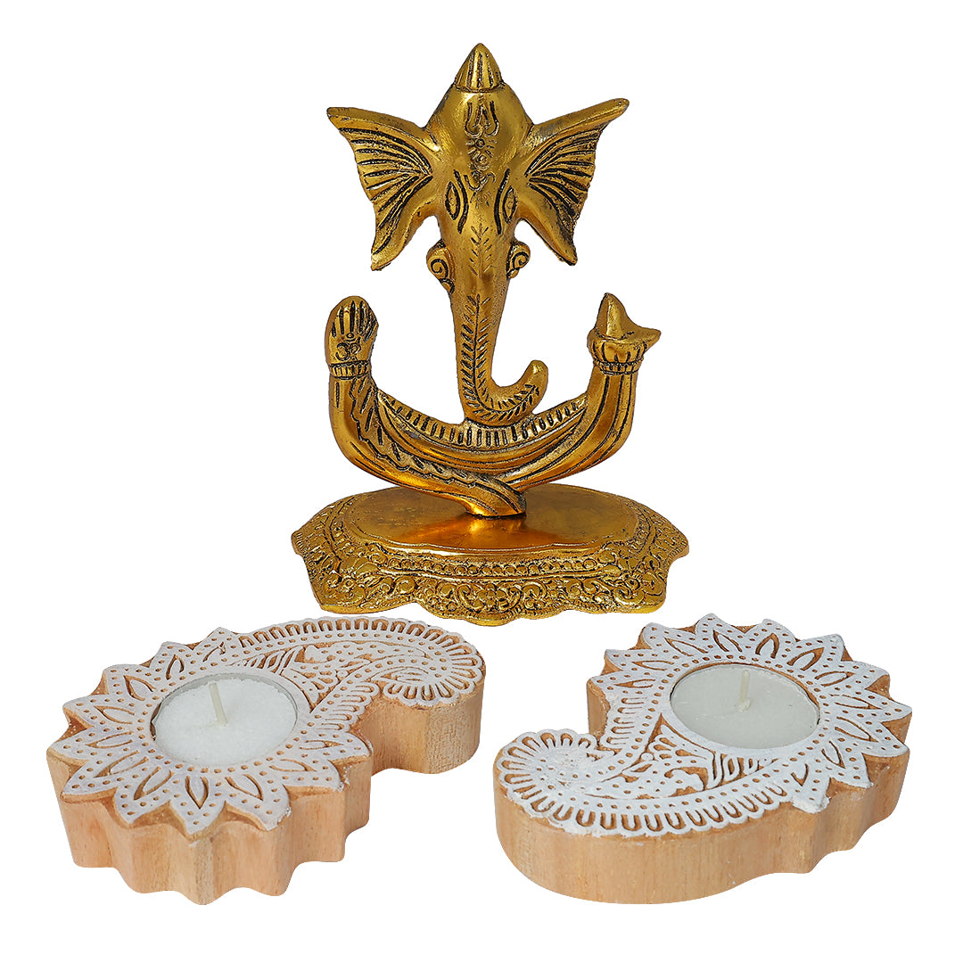 Diwali Gift Box - Trishul Ganesh &  Wooden Diya Combo