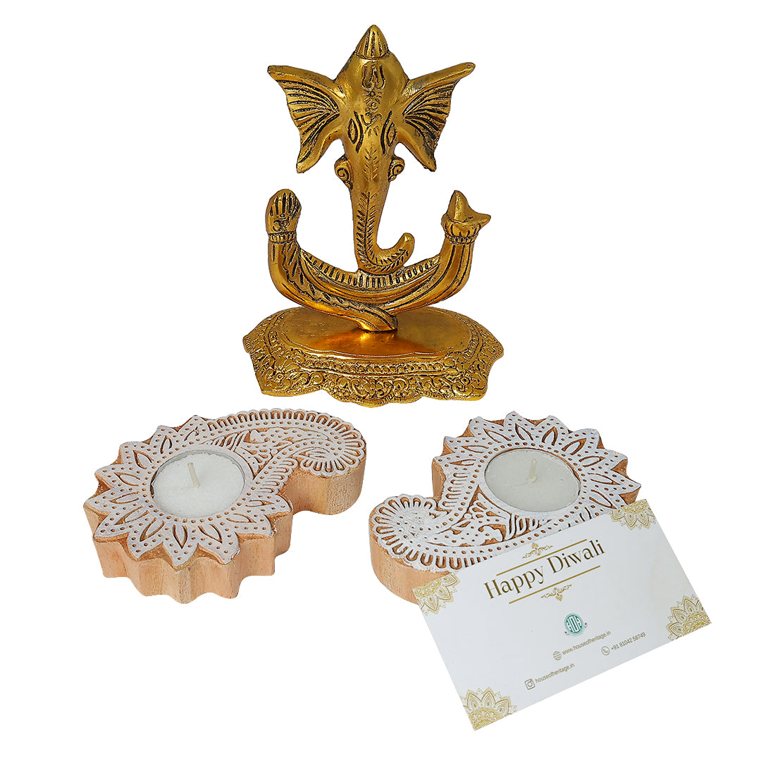 Diwali Gift Box - Trishul Ganesh &  Wooden Diya Combo