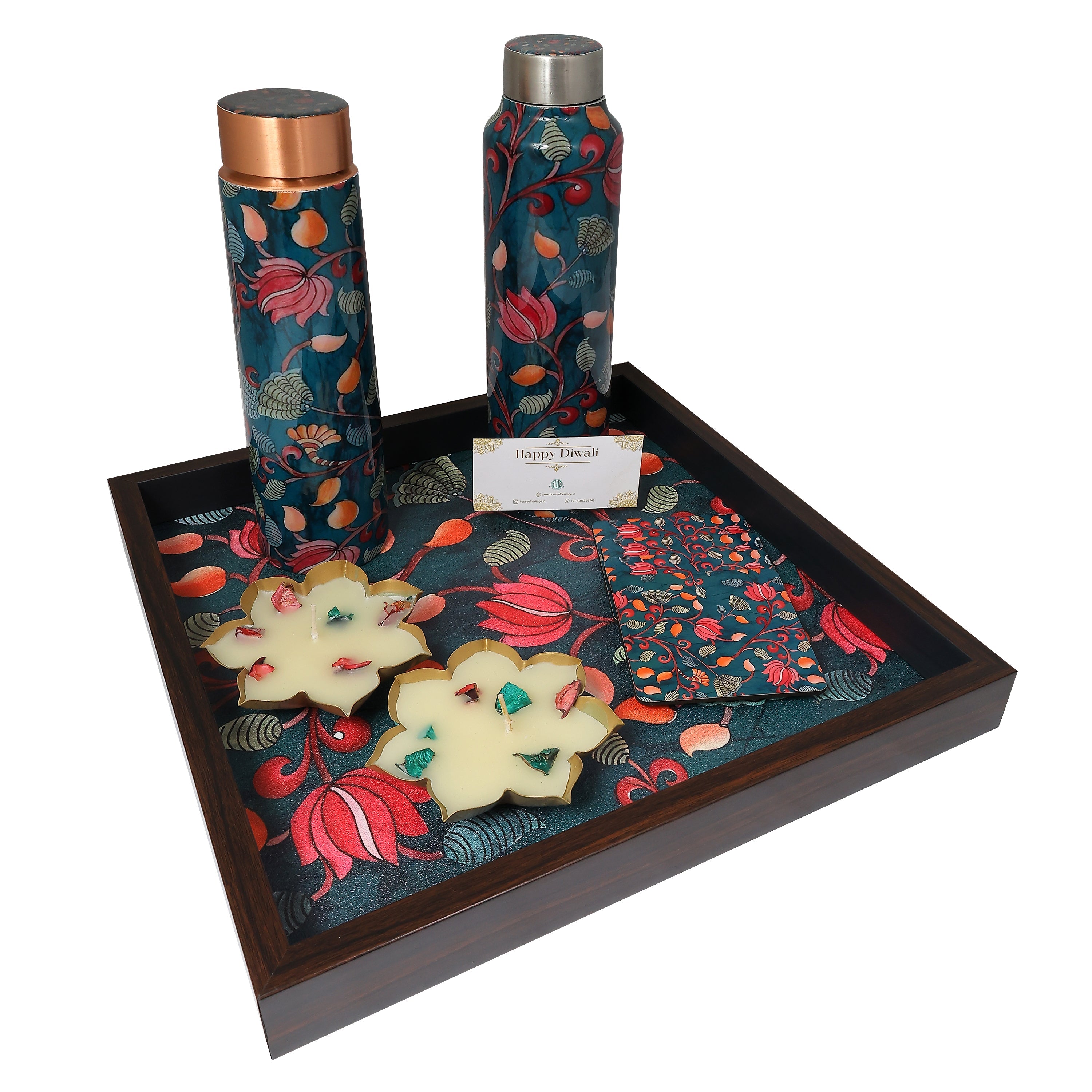 Pichwai Tray, Bottles, Coasters & Diya Gift