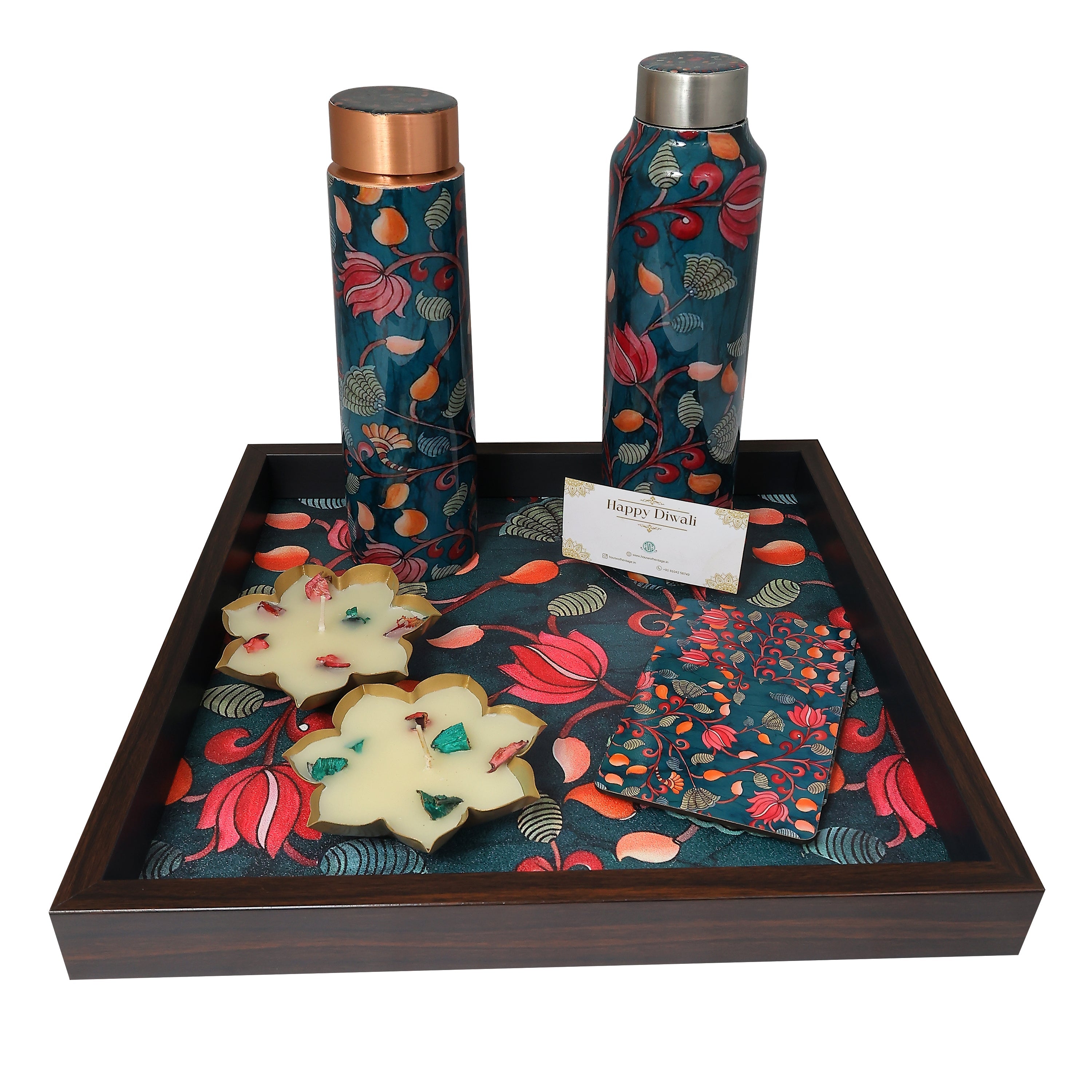 Pichwai Tray, Bottles, Coasters & Diya Gift