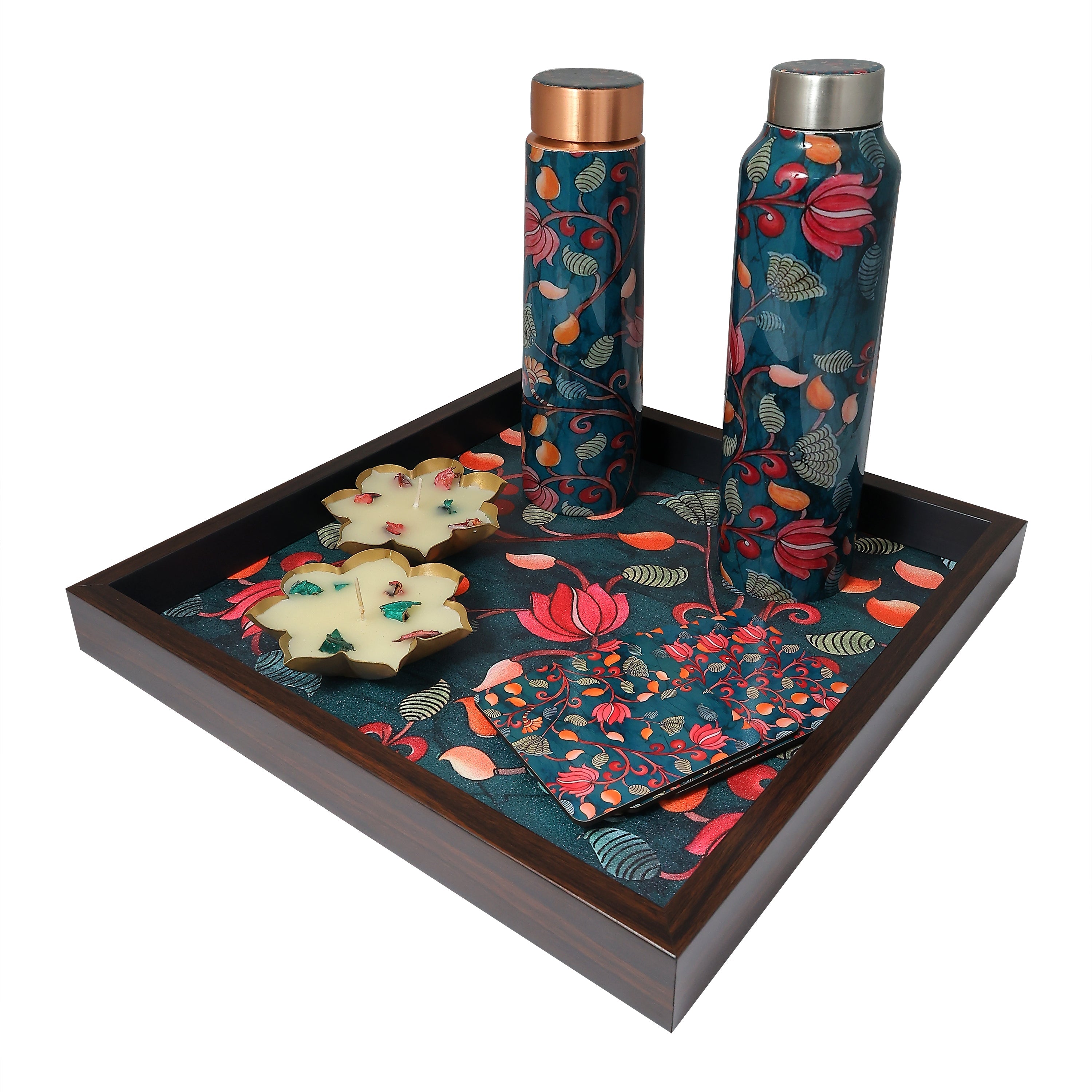 Pichwai Tray, Bottles, Coasters & Diya Gift