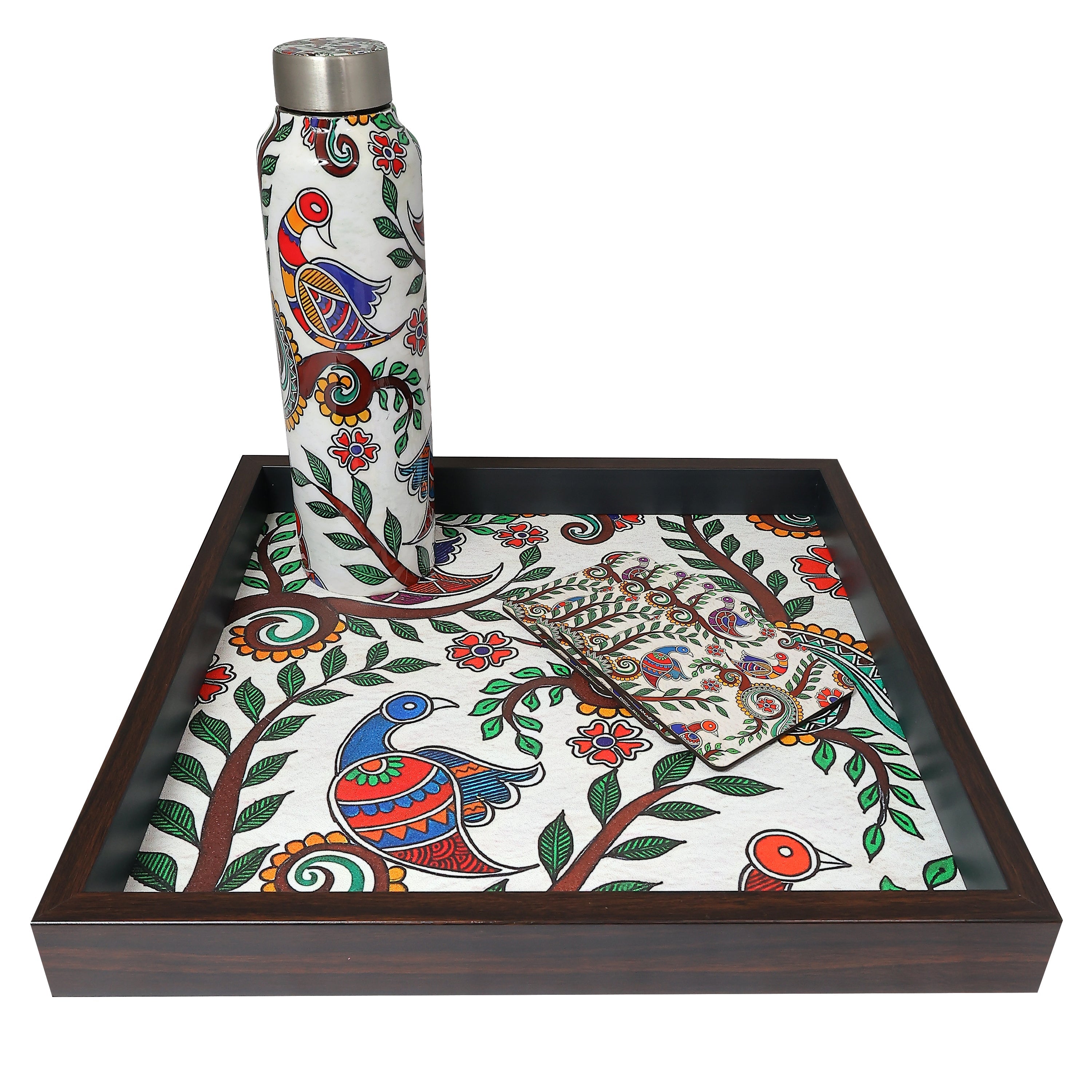 Madhubani Tray, Bottle & Coaster Gift