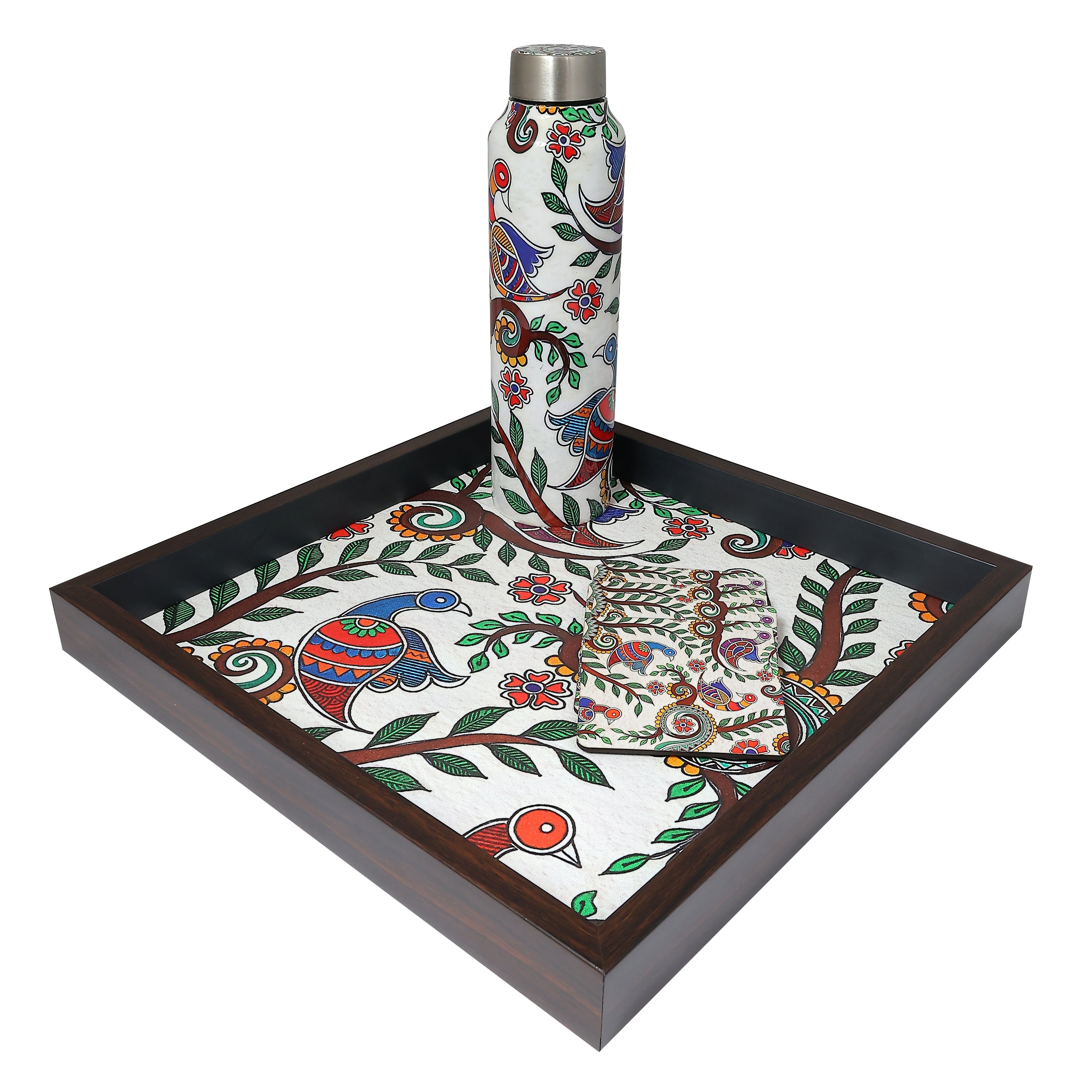 Madhubani Tray, Bottle & Coaster Gift