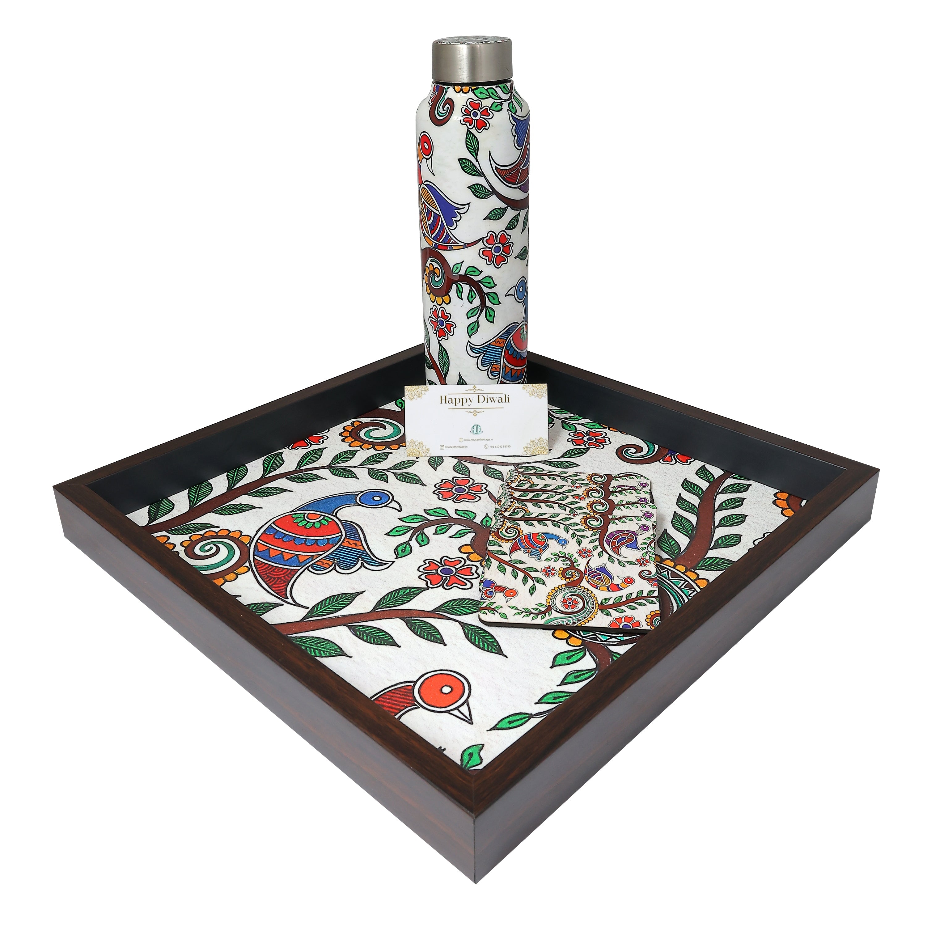 Madhubani Tray, Bottle & Coaster Gift