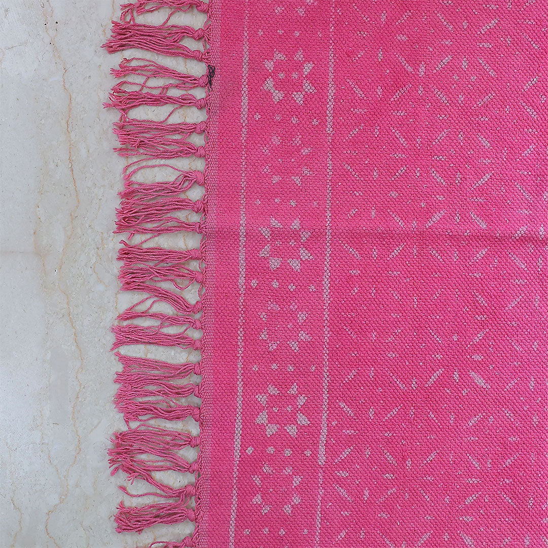 Blush Bloom Handwoven Cotton Rug – Soft Pink with Fringe Detailing