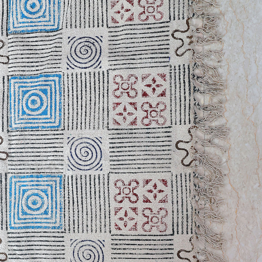 Geometric Floral Block Printed Cotton Dhurrie Rug | Handwoven Area Rug for Living Room & Home Decor