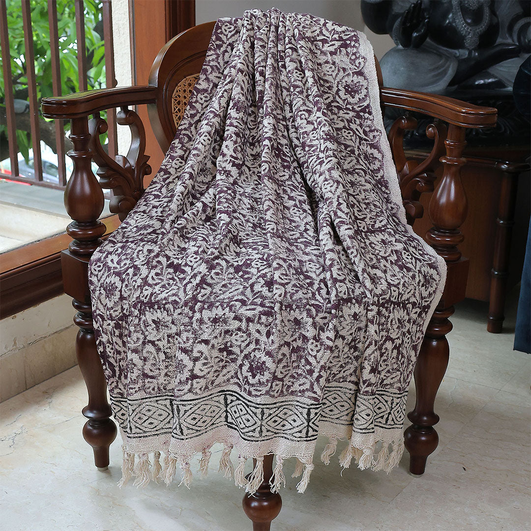 Handcrafted Floral Block Print Cotton Throw with Tassels | Perfect for Living Room and Bedroom Decor