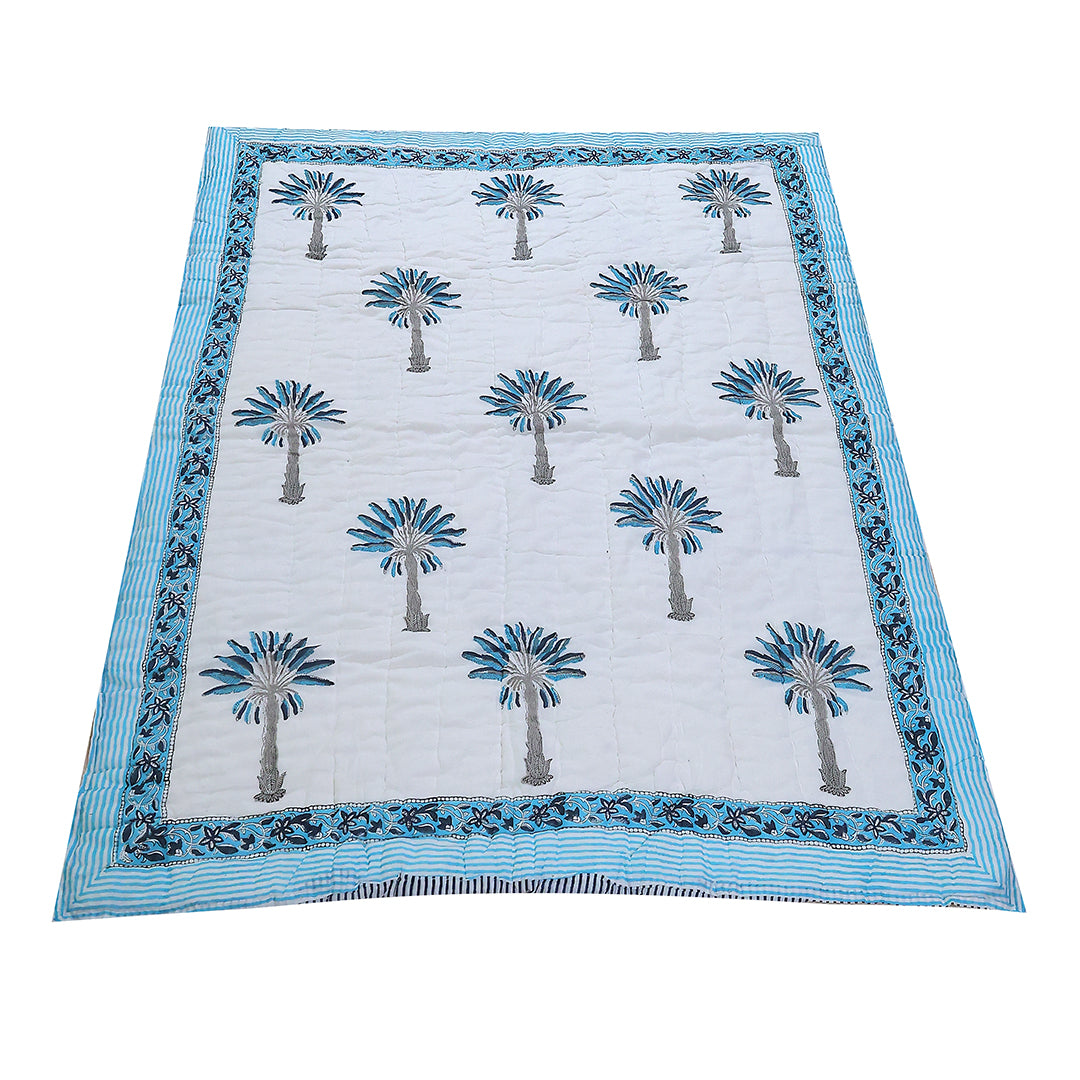 Handcrafted Kids Quilt with Traditional Blue Palm Block Print | Soft & Cozy Cotton Quilt for Babies & Toddlers