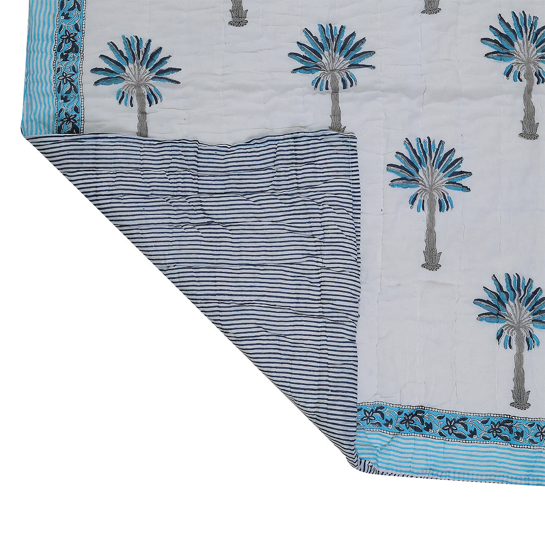 Handcrafted Kids Quilt with Traditional Blue Palm Block Print | Soft & Cozy Cotton Quilt for Babies & Toddlers