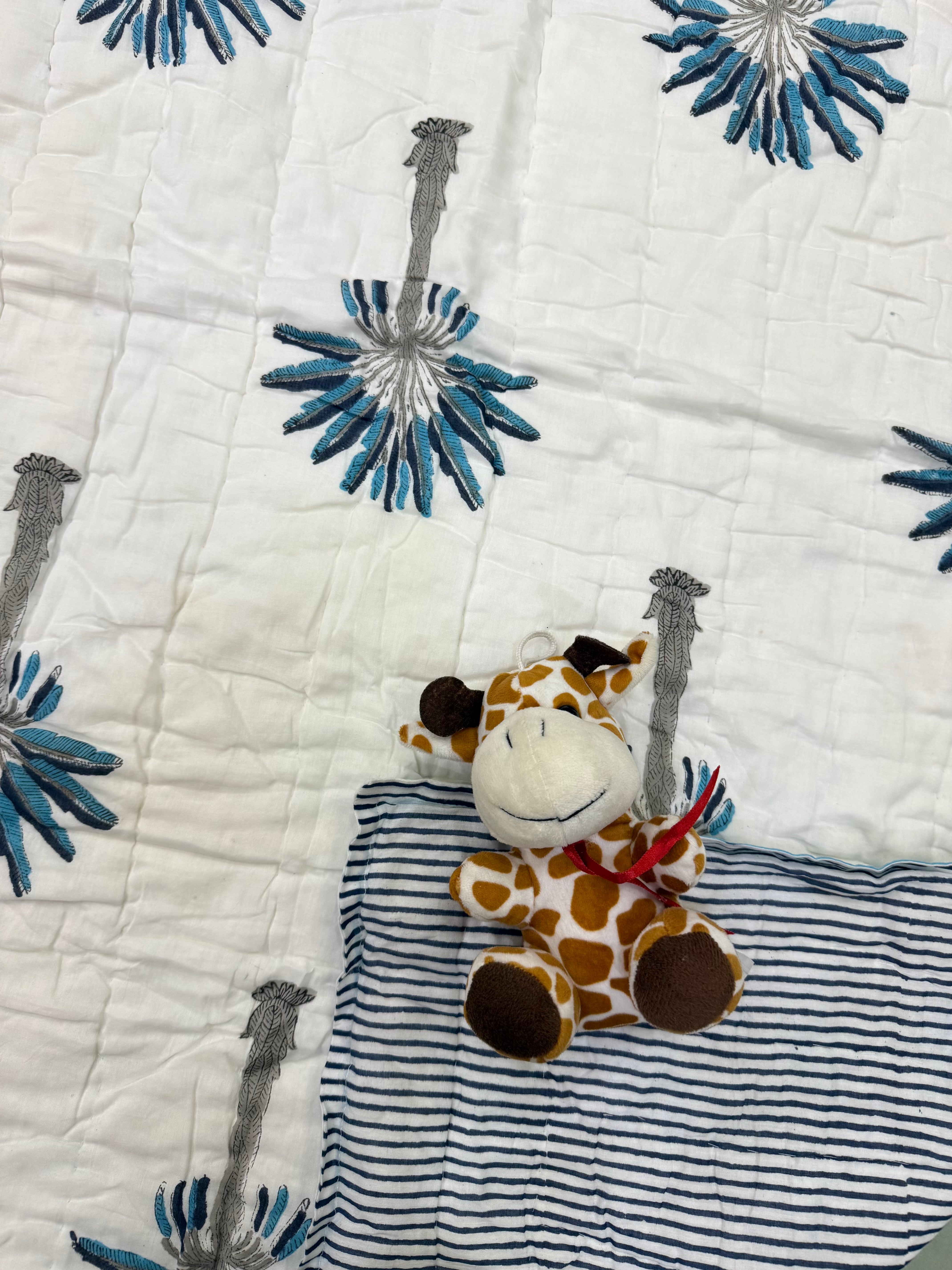 Handcrafted Kids Quilt with Traditional Blue Palm Block Print | Soft & Cozy Cotton Quilt for Babies & Toddlers