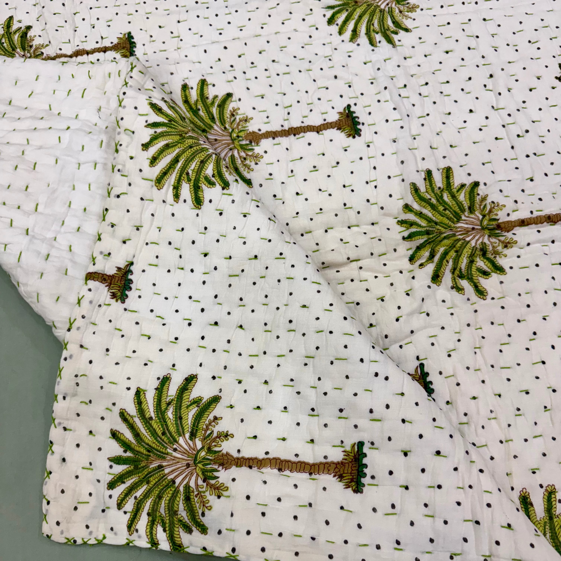 Handcrafted Kids Quilt with Traditional Green Palm Block Print | Soft & Cozy Cotton Quilt for Babies & Toddlers