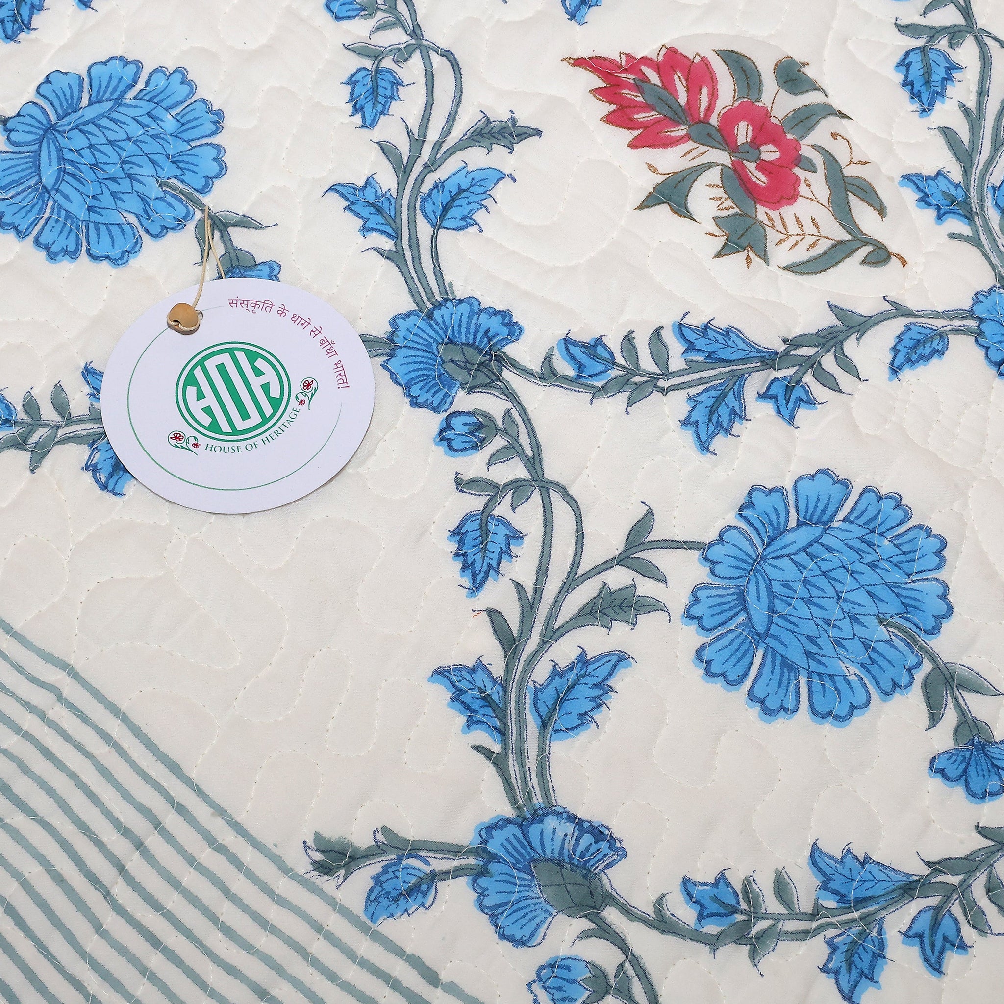 Handcrafted Block Printed Blue Floral Print Quilted Bedcover With Two Pillowcases