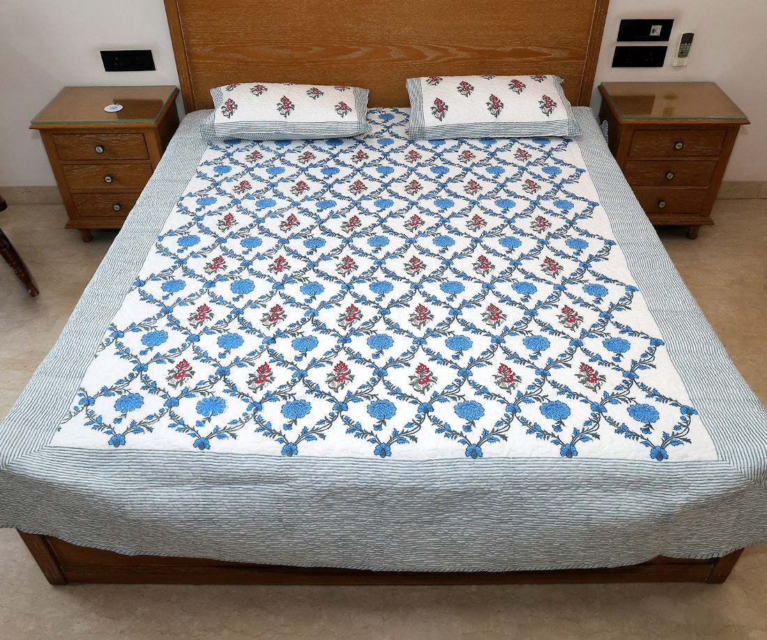 Handcrafted Block Printed Blue Floral Print Quilted Bedcover With Two Pillowcases